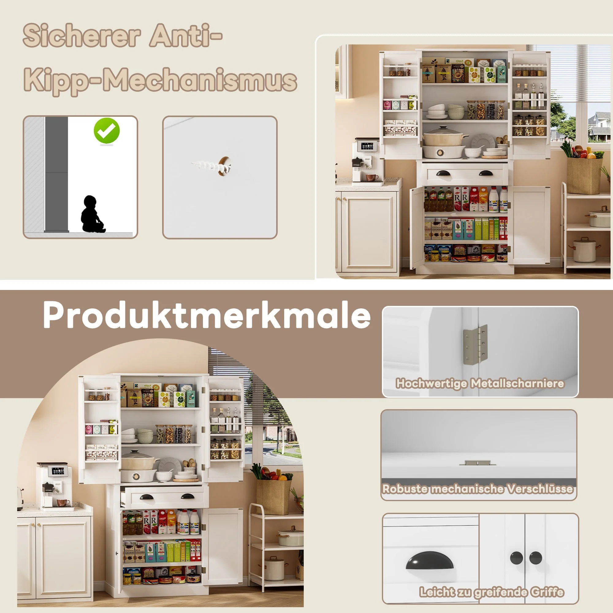 Storage Cabinet with 4 Doors and 1 Drawer, 6 Compartments and 4 Adjustable Shelves, White - Image 5