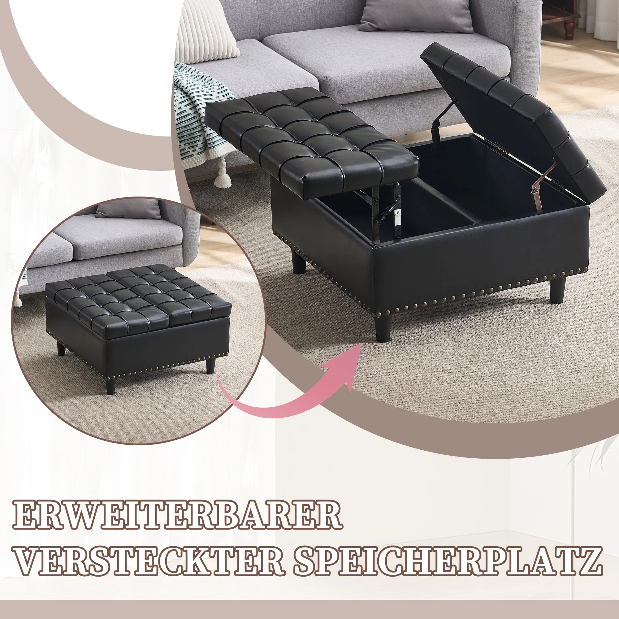 Storage Chair, Large Square Liftable Bench with Space, Black PU - Image 5