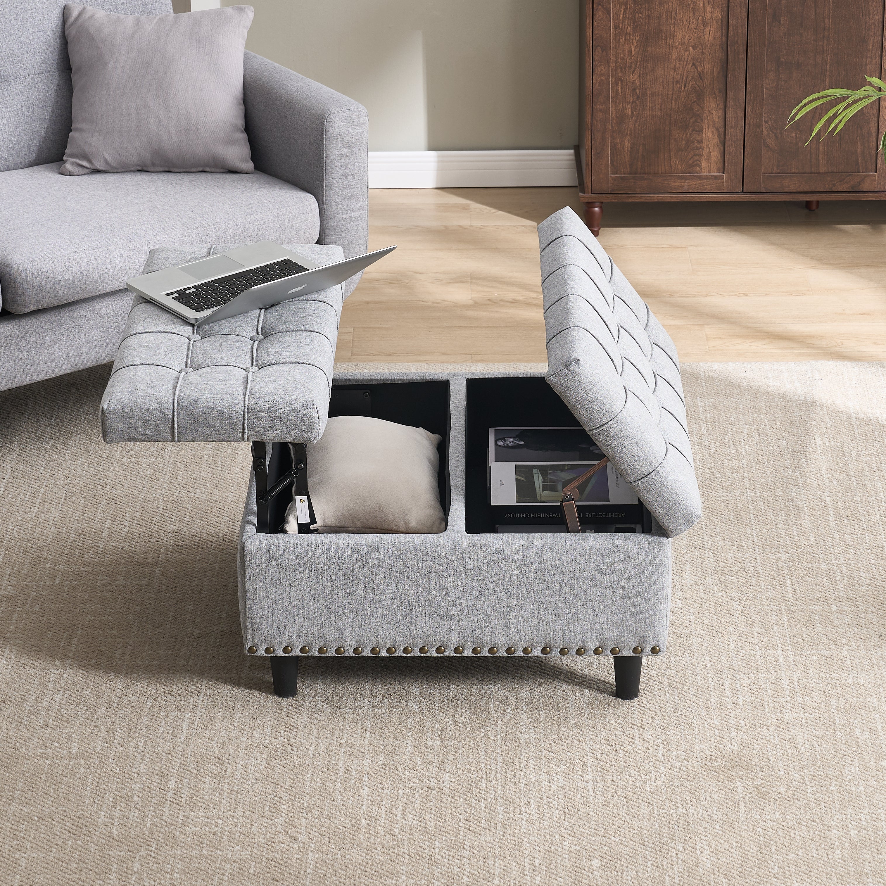 Storage Chair, Liftable Bench with Storage Box, Gray - Image 7