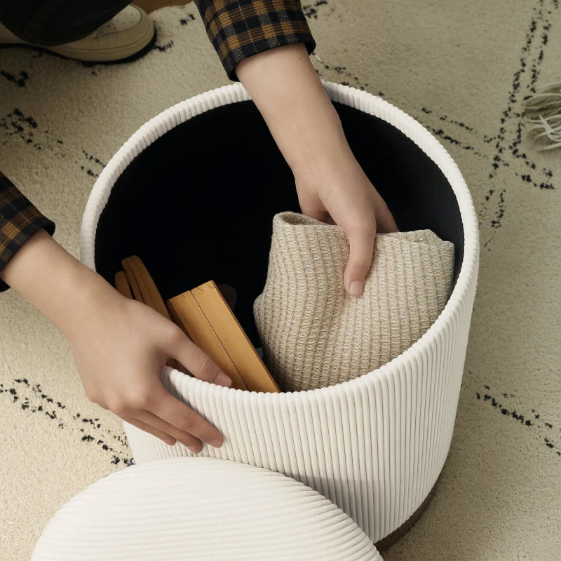 Storage Ottoman Round Footstool Lid Steel Base, Corduroy Cream White - Image 6