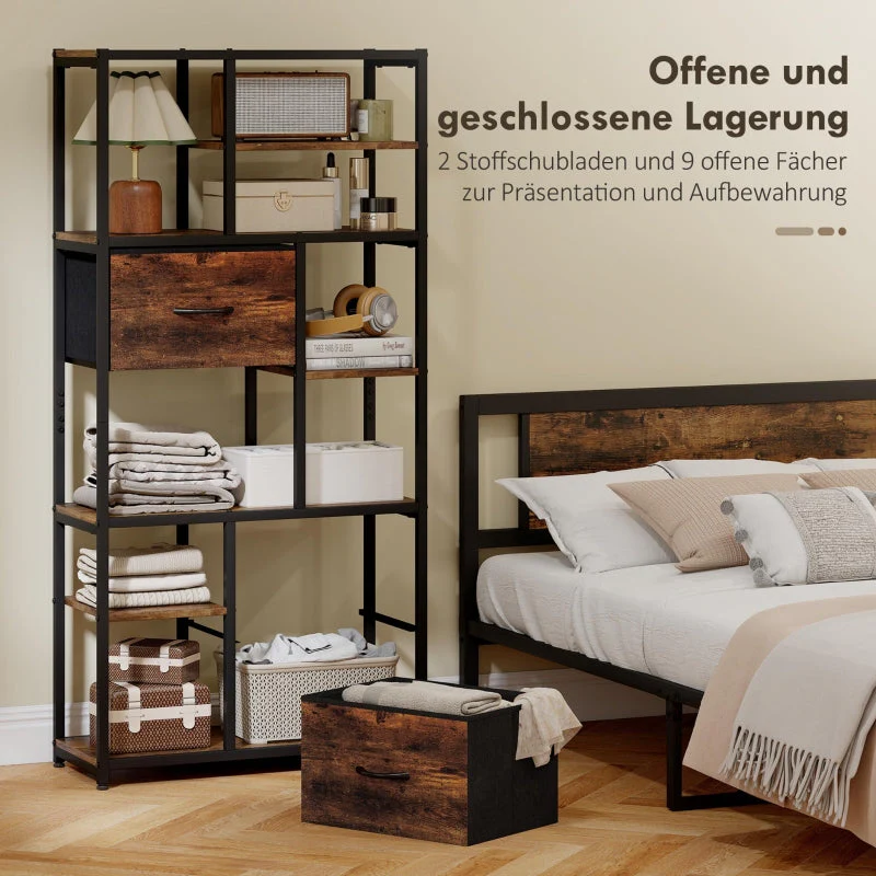 Storage Shelf 9 Open Compartments 2 Drawers Steel Frame - Brown/Black - Image 4