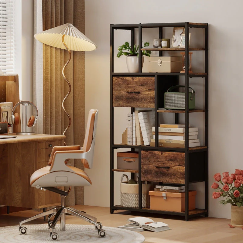 Storage Shelf 9 Open Compartments 2 Drawers Steel Frame - Brown/Black - Image 7