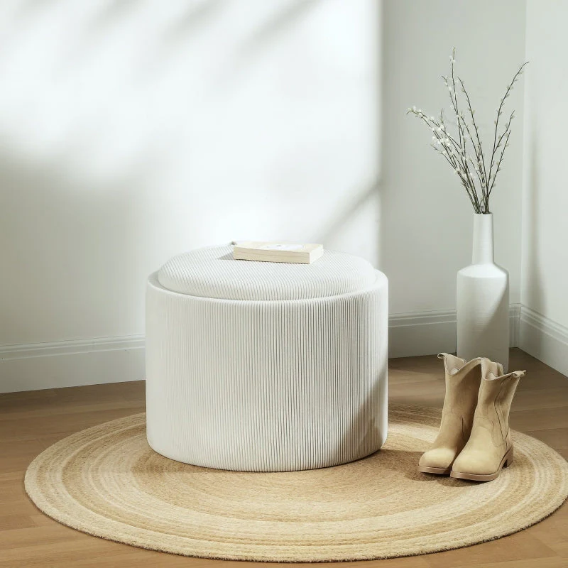 Storage Stool, Round Footstool Upholstered Coffee Table, Cream White