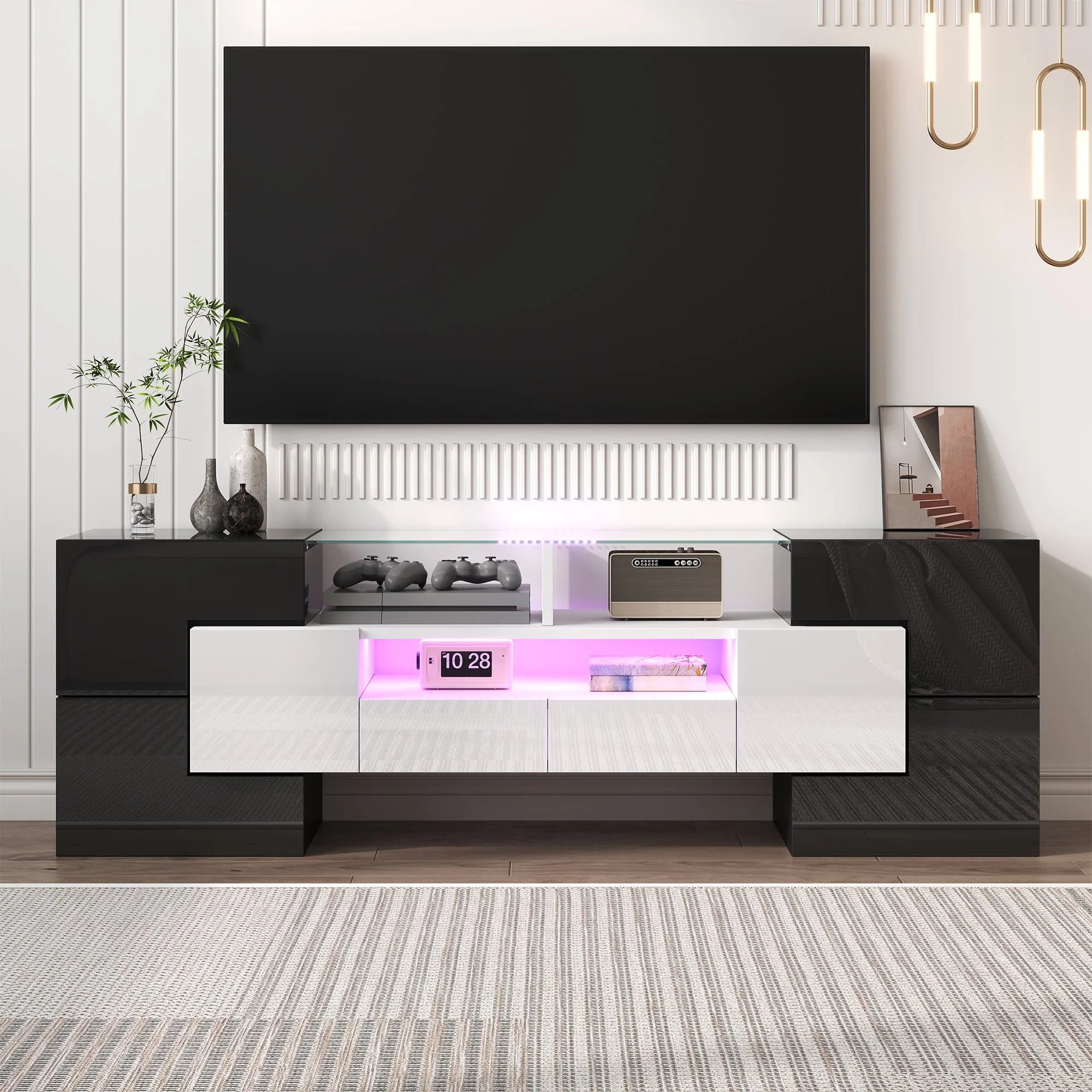 Stylish TV Cabinet Lowboard 145cm LED High-Gloss White