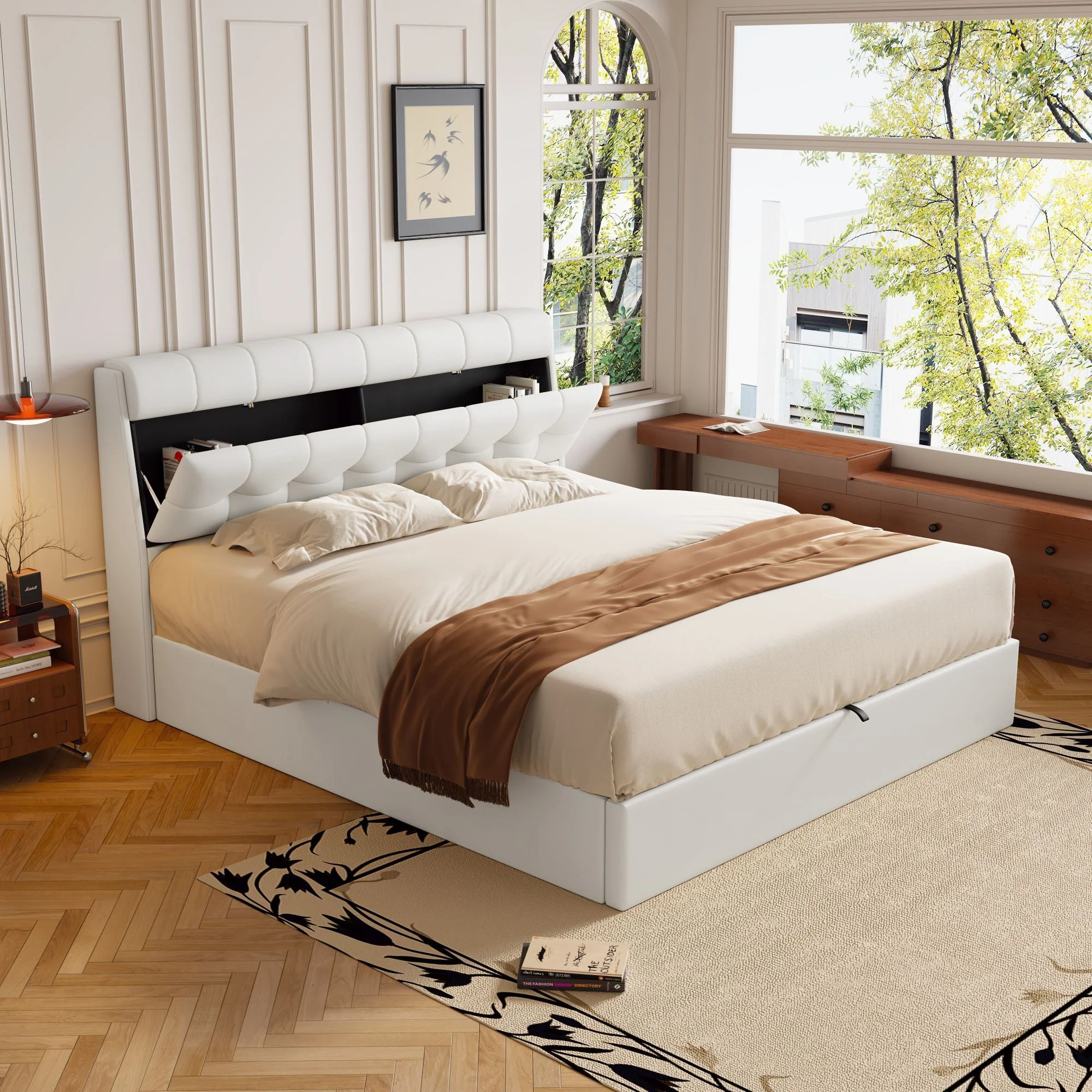 Stylish Upholstered Bed 140x200 Hydraulic Concealed Storage PU White - Image 2