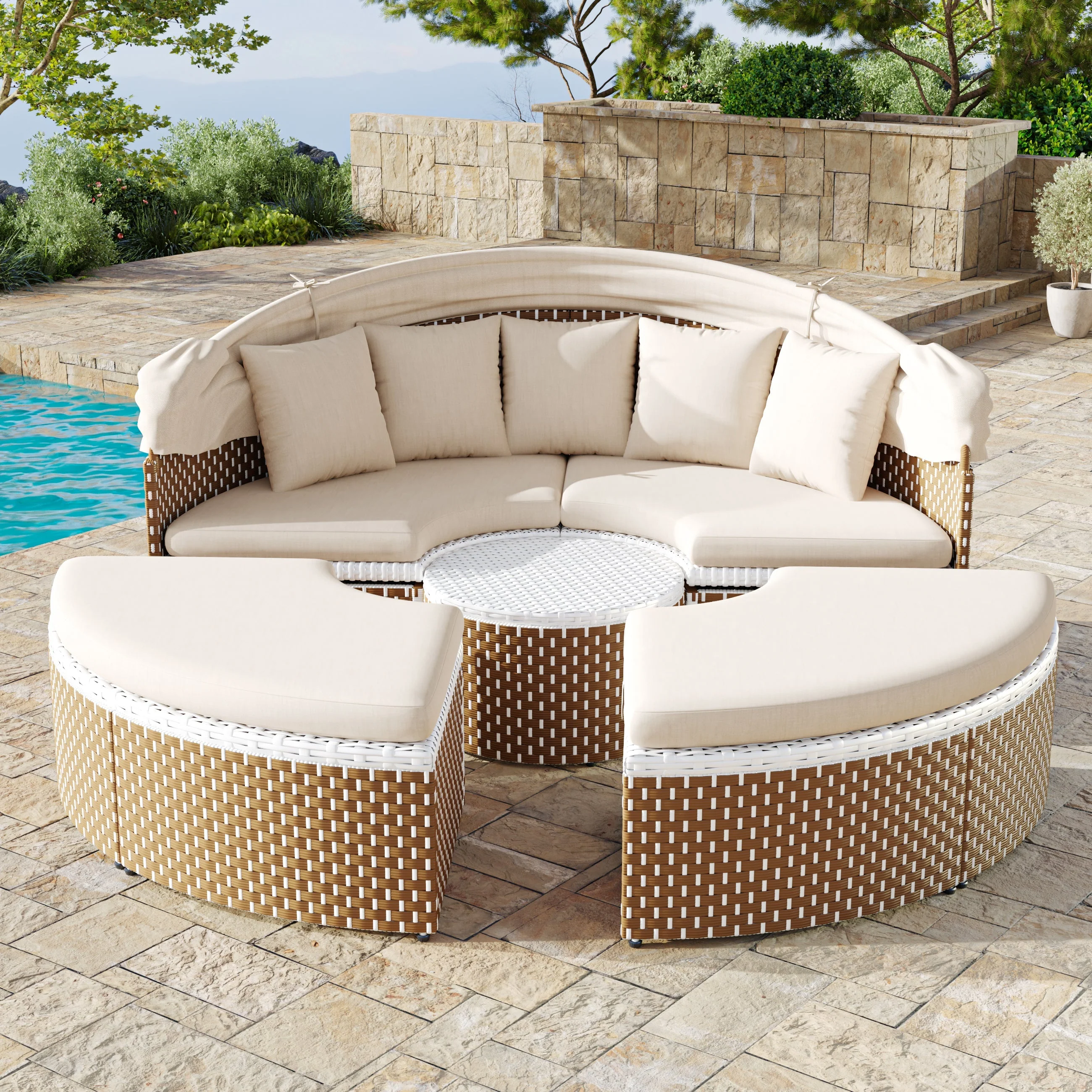 Sun Island Garden Lounge Set Rattan Extendable Canopy Liftable Table Beige - Image 2