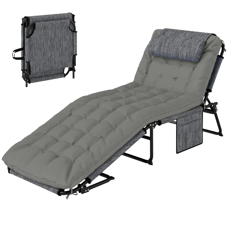 Sun Lounger 4-Position Adjustable Backrest Cushion Side Pocket - Grey - Image 2