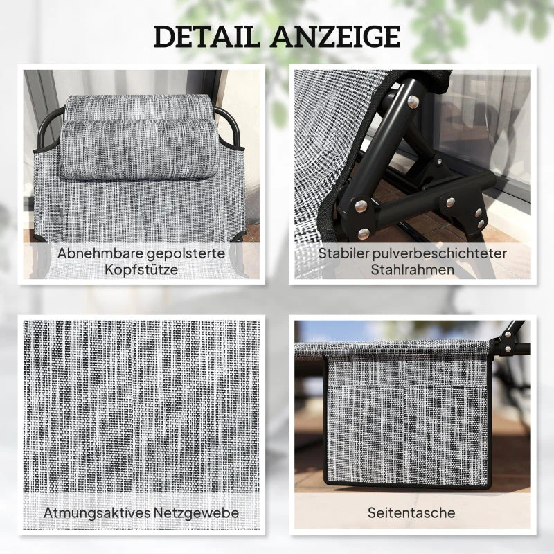 Sun Lounger 4-Position Adjustable Backrest Cushion Side Pocket - Grey - Image 6