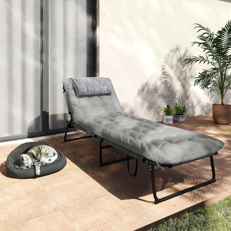 Sun Lounger 4-Position Adjustable Backrest Cushion Side Pocket - Grey - Image 8
