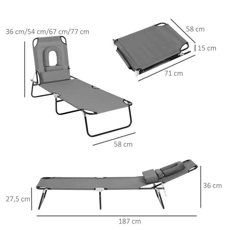 Sun Lounger Face Hole Cushion Foldable Water-Repellent Metal Frame - Dark Grey - Image 3
