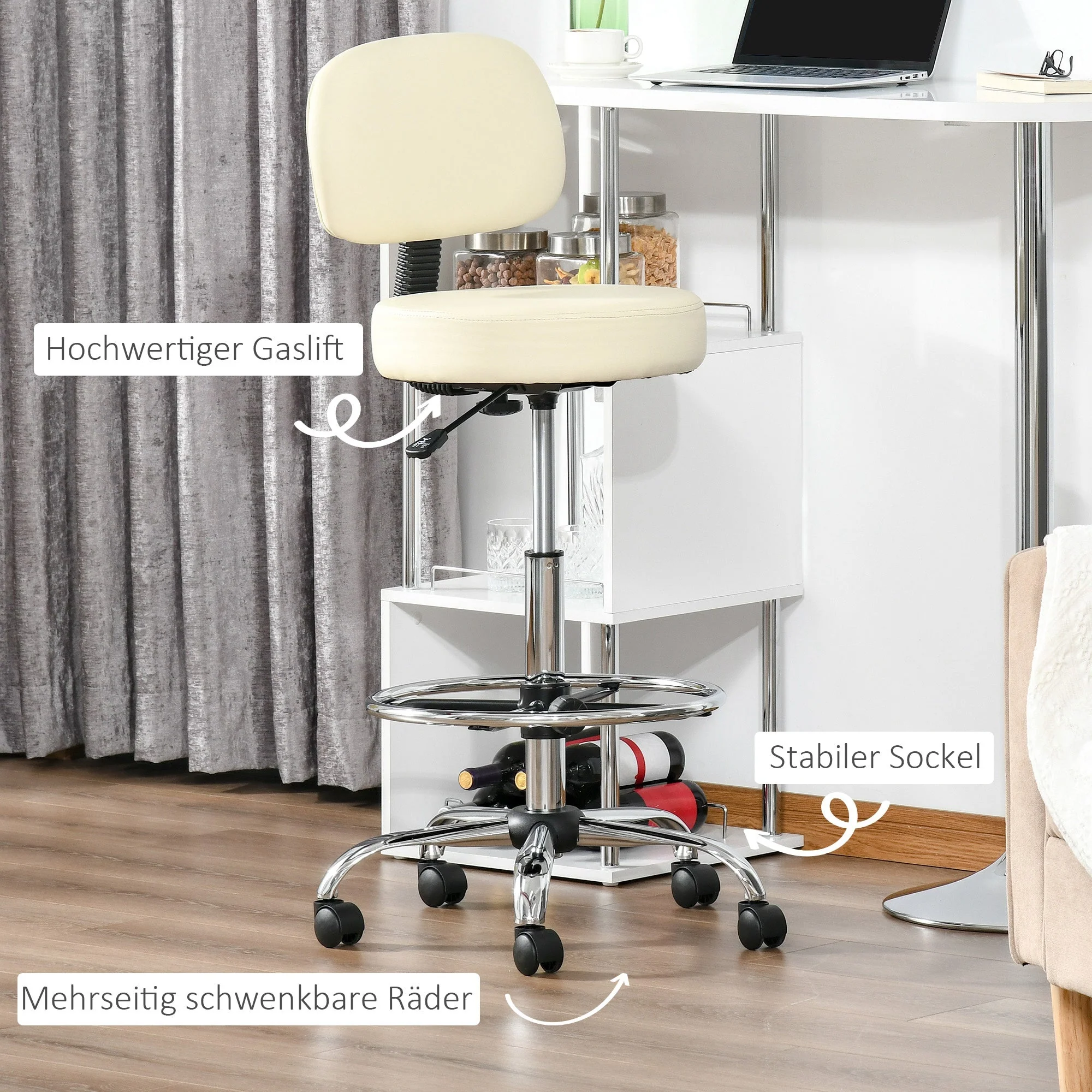 Swivel Bar Stool, Height Adjustable with Backrest, PU Leather Beige - Image 6