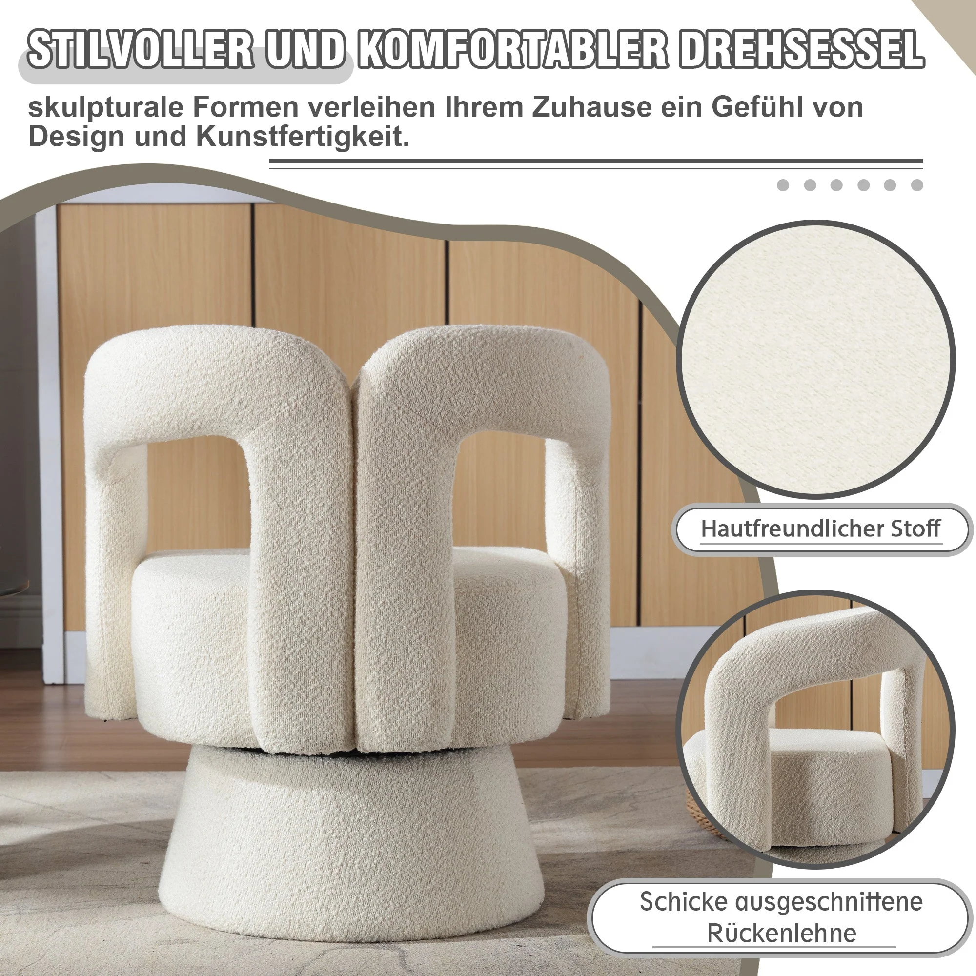 Swivel Barrel Armchair 360° Round Fluffy Fabric, Beige - Image 5