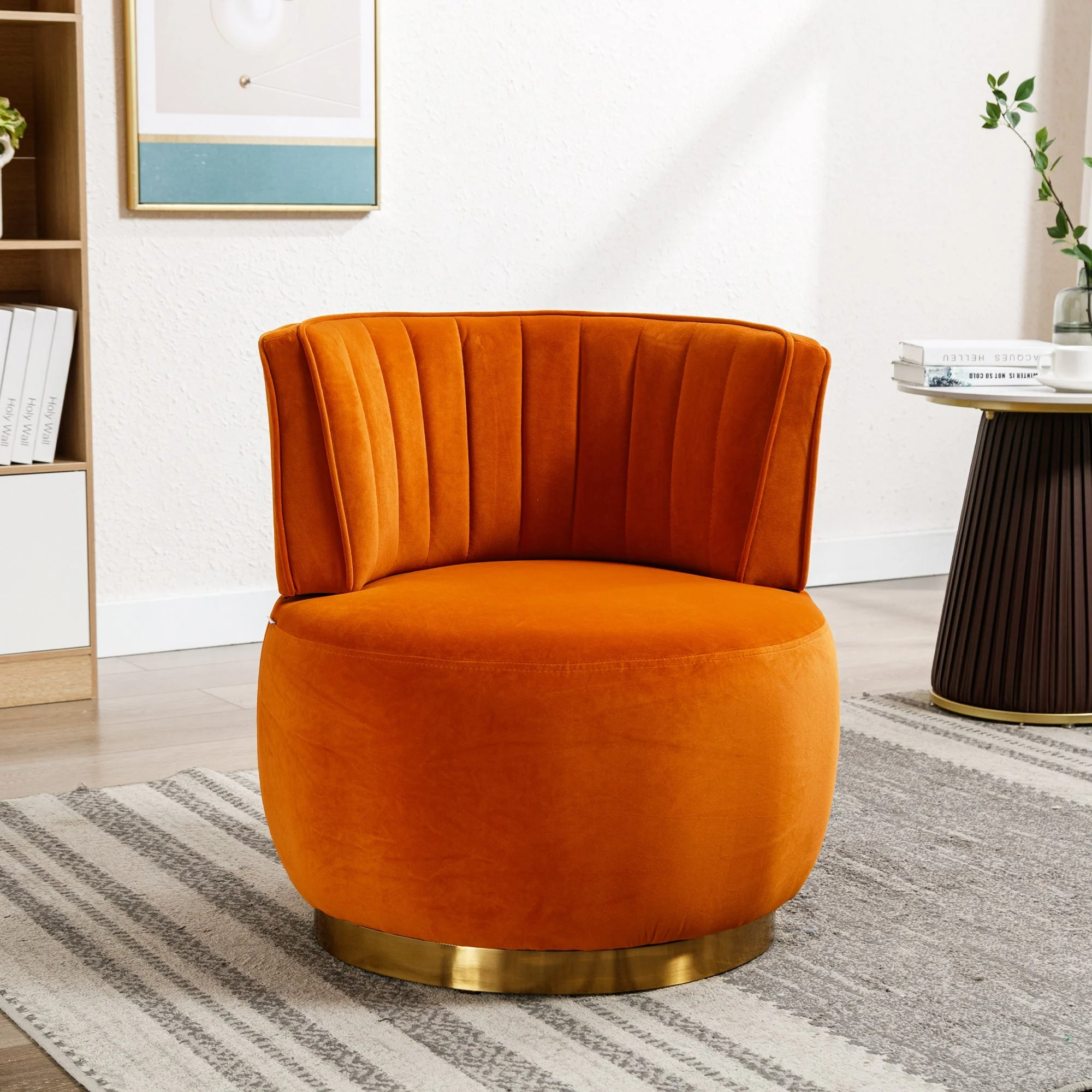 Swivel Barrel Chair 360° Round Comfortable, Orange Velvet