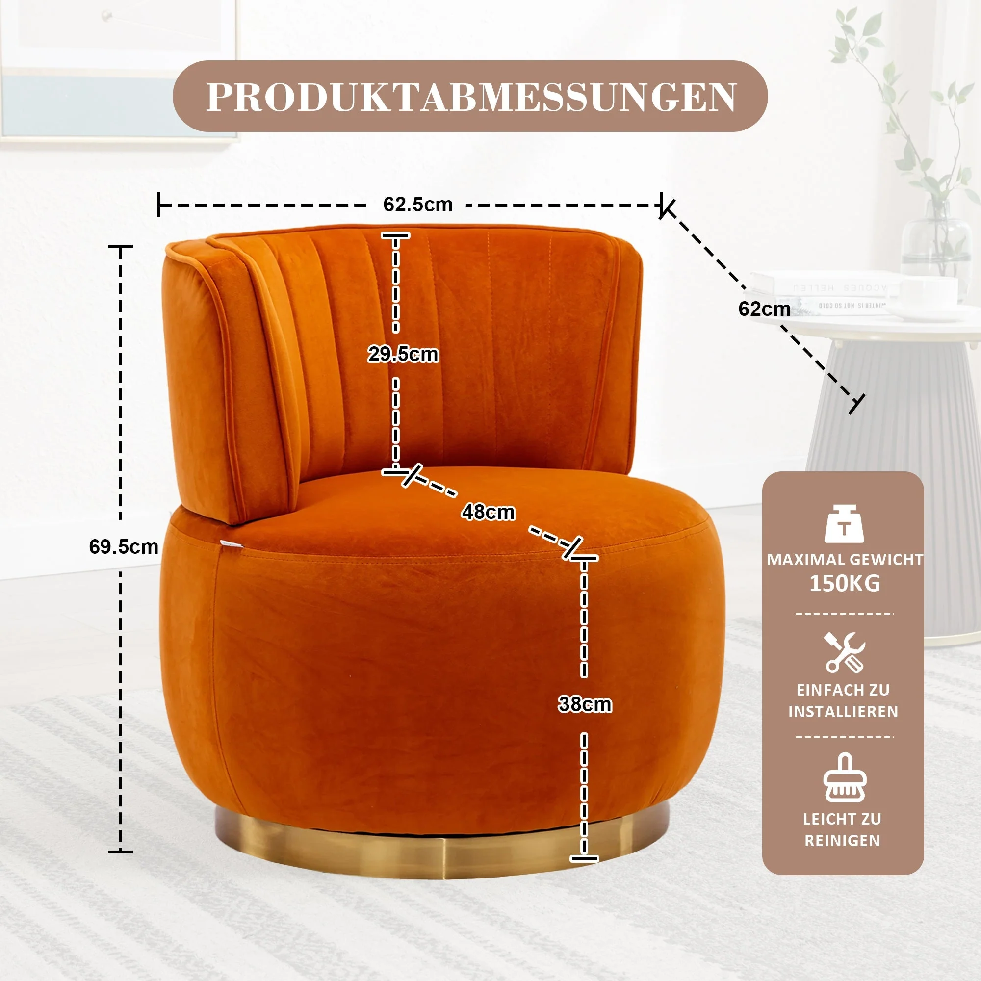 Swivel Barrel Chair 360° Round Comfortable, Orange Velvet - Image 2