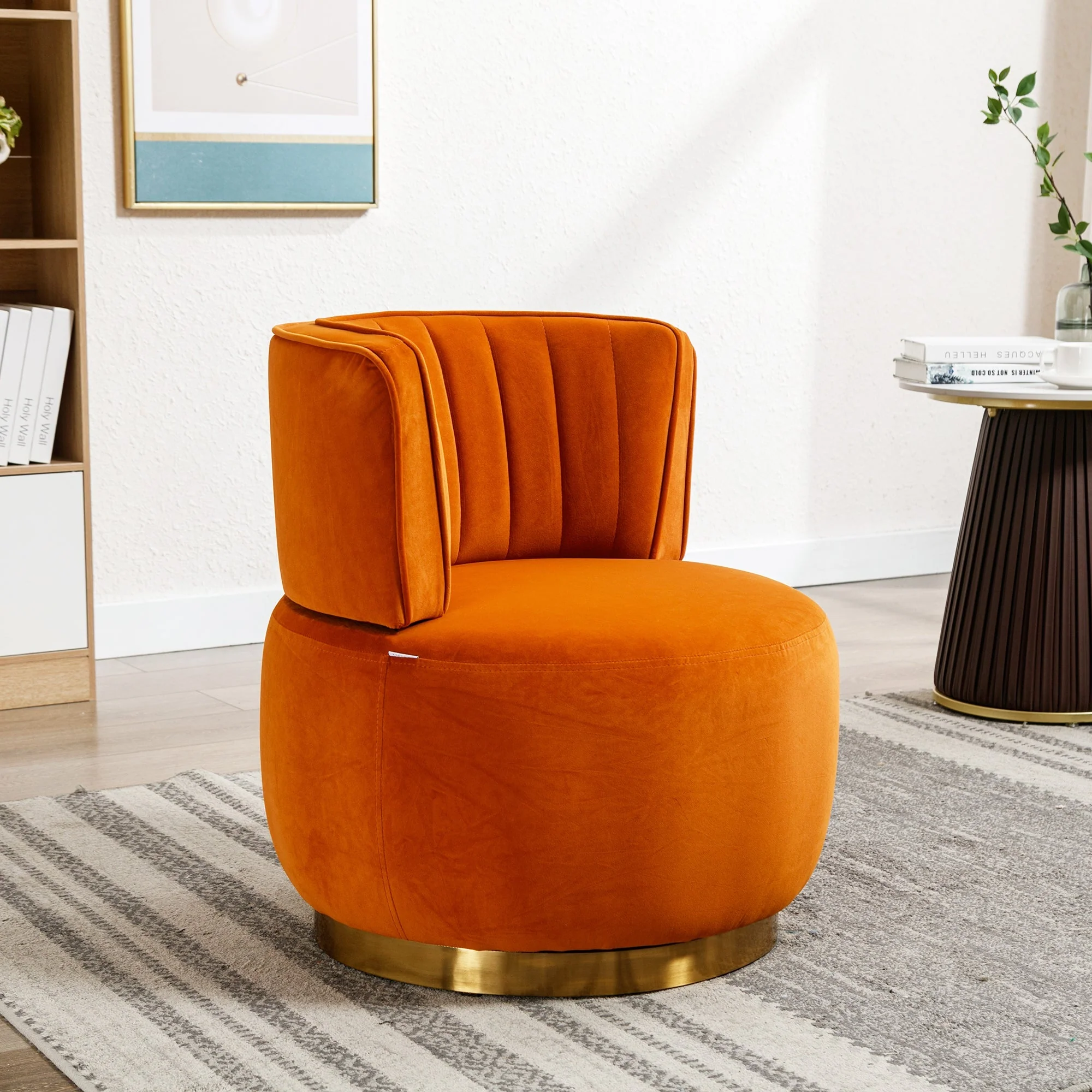 Swivel Barrel Chair 360° Round Comfortable, Orange Velvet - Image 3