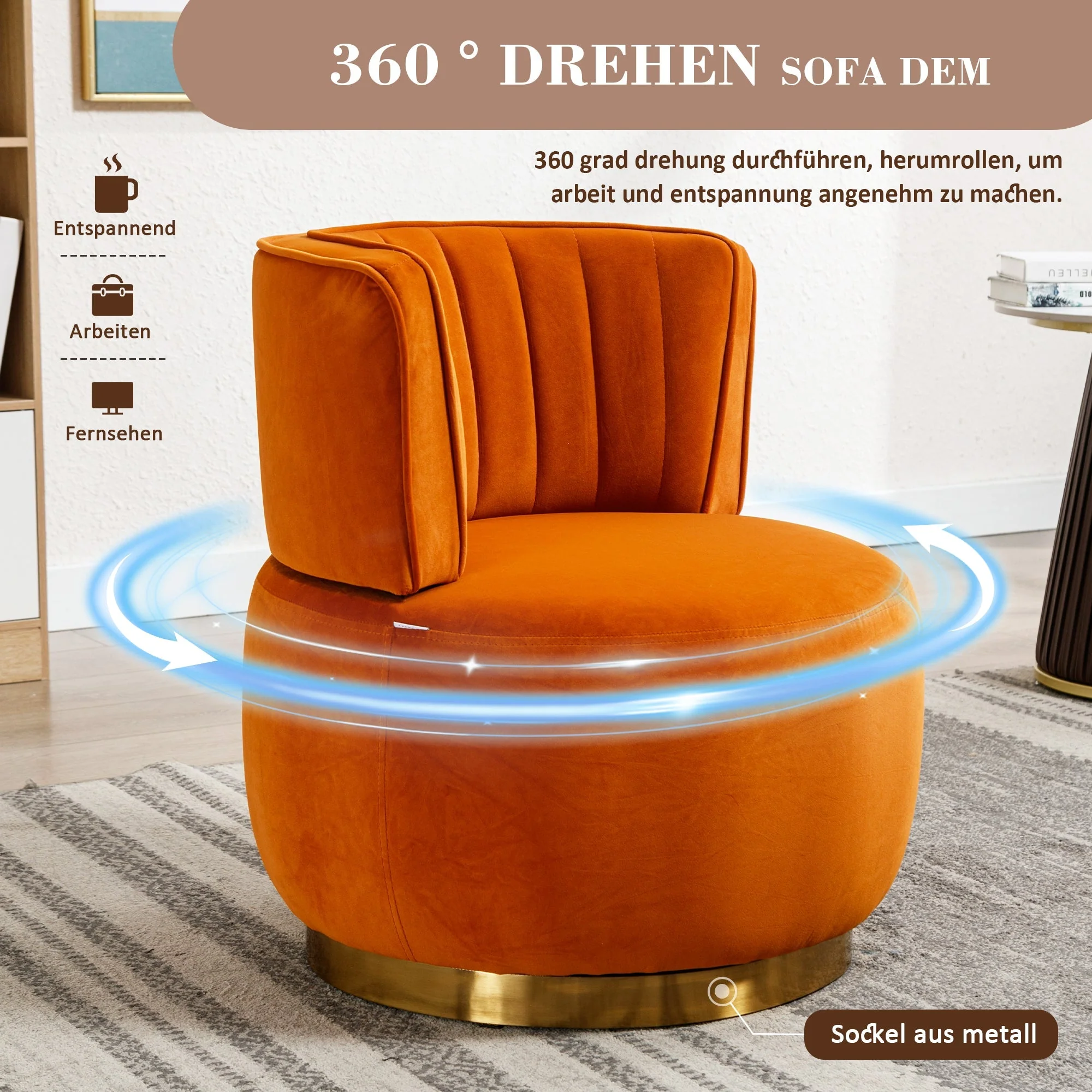 Swivel Barrel Chair 360° Round Comfortable, Orange Velvet - Image 4