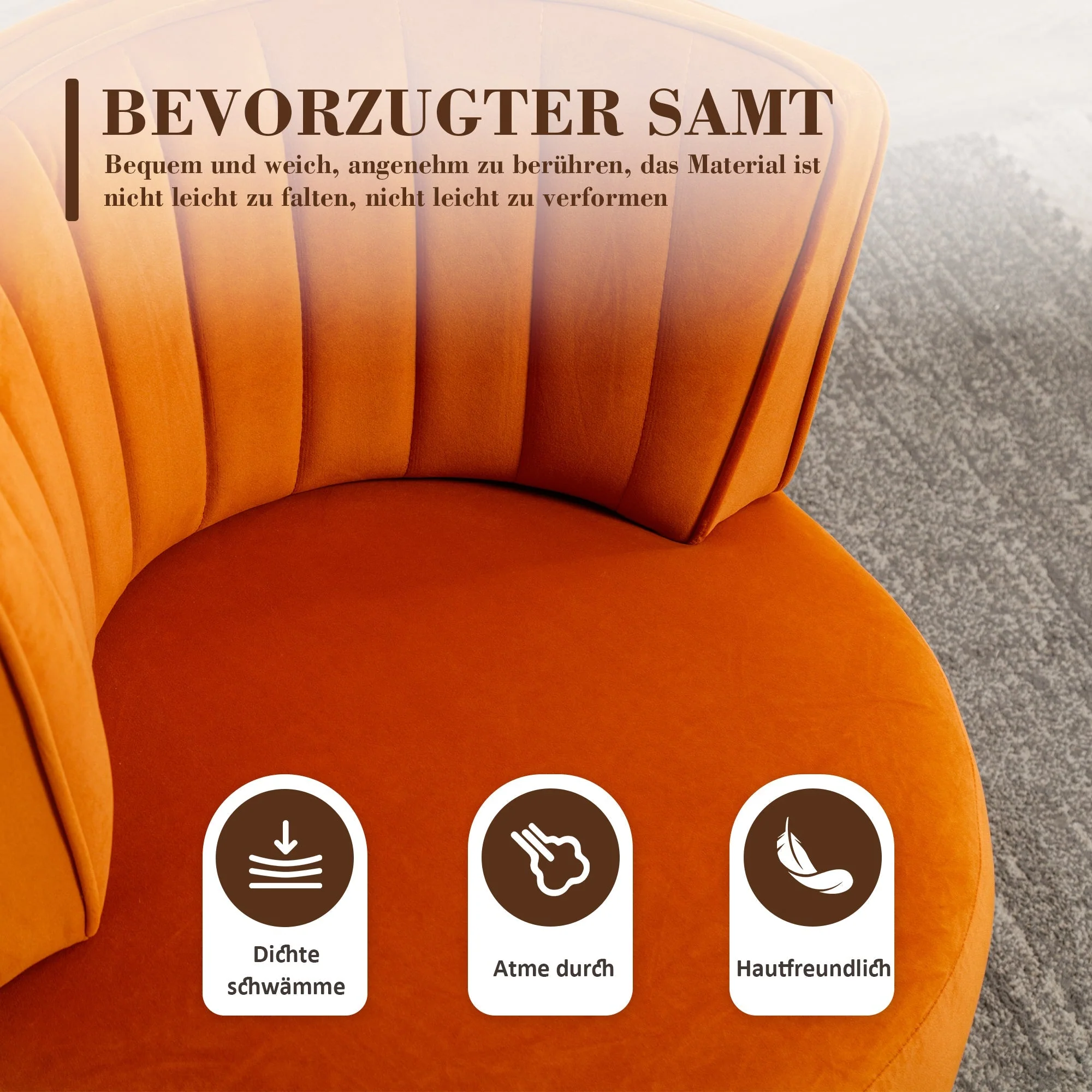 Swivel Barrel Chair 360° Round Comfortable, Orange Velvet - Image 6