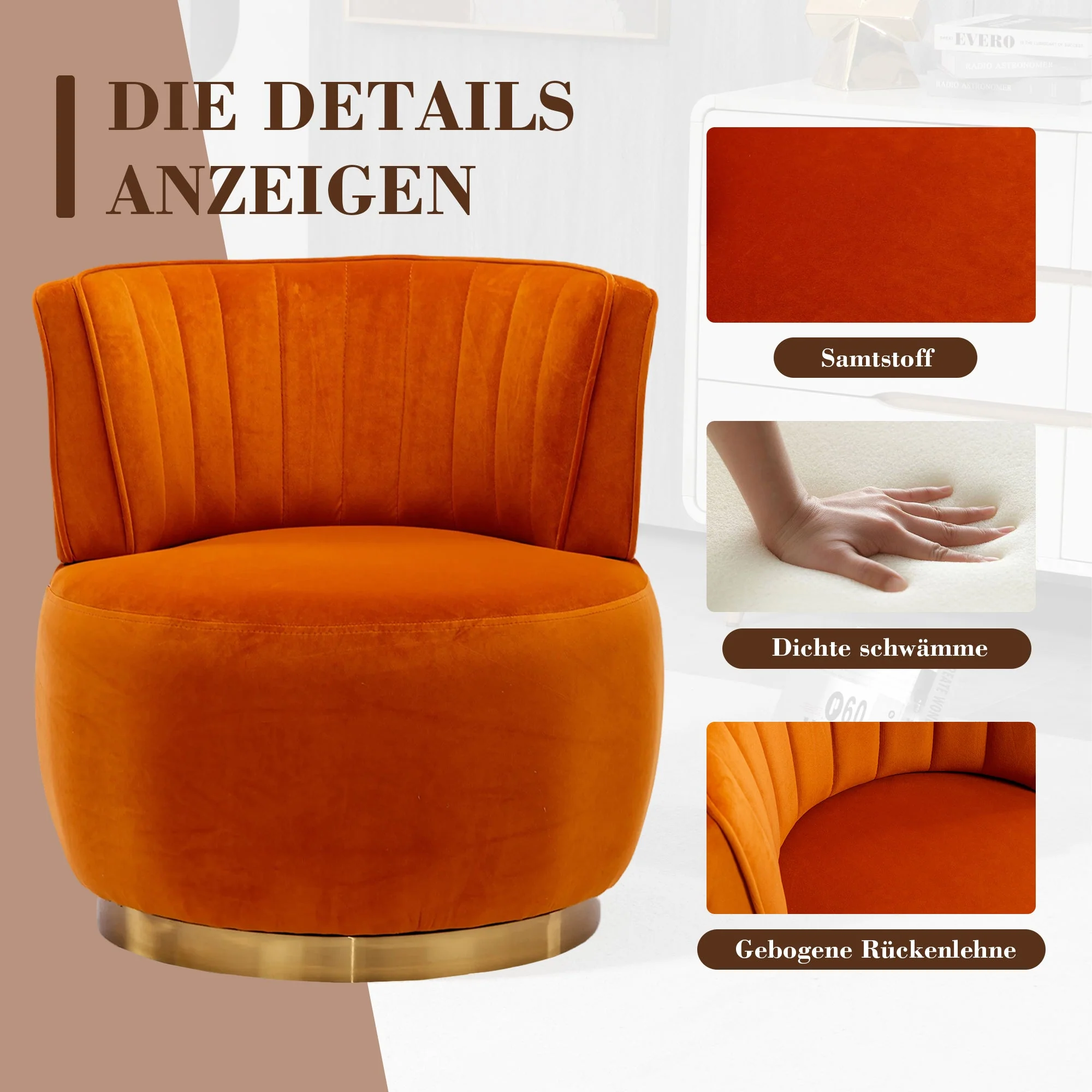 Swivel Barrel Chair 360° Round Comfortable, Orange Velvet - Image 8
