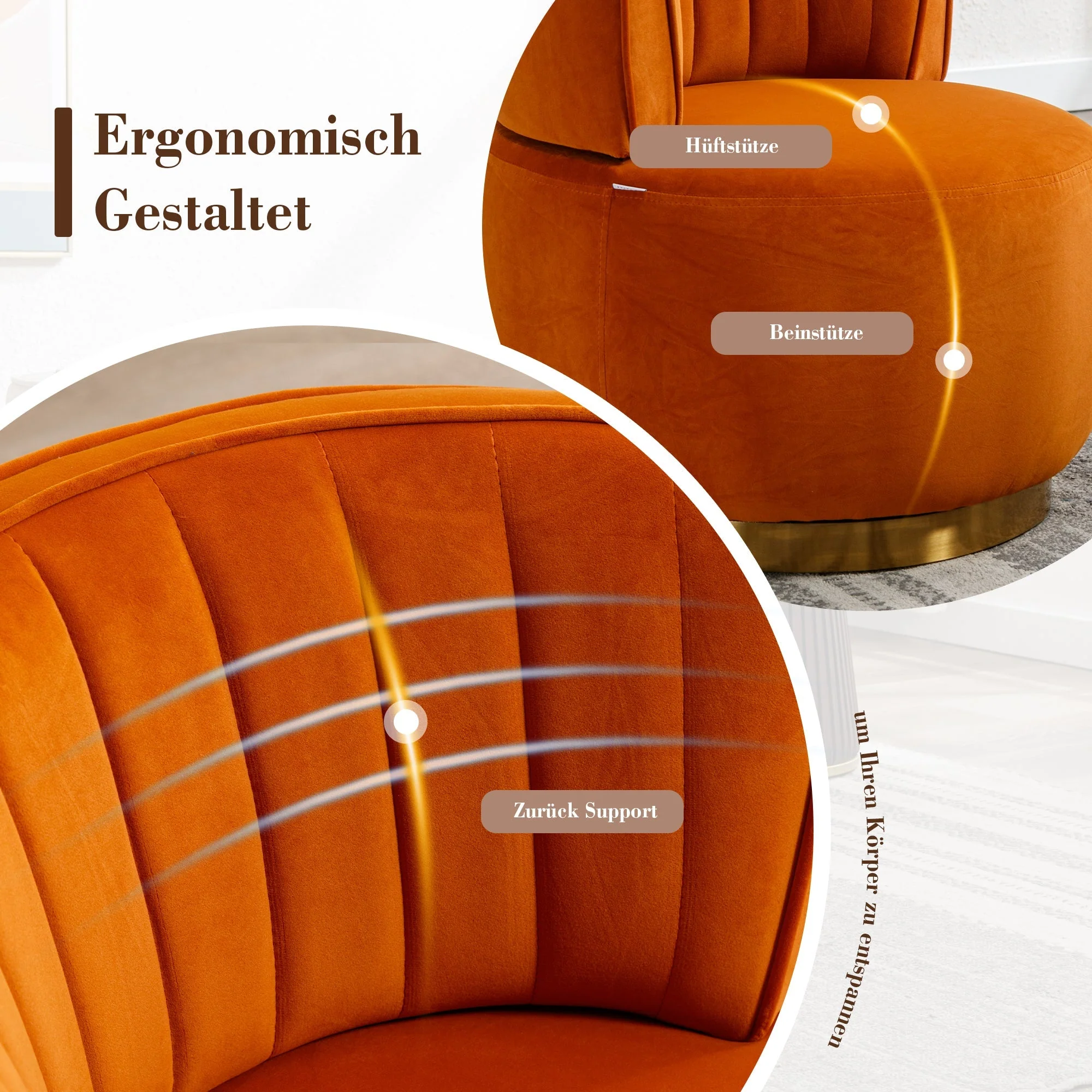 Swivel Barrel Chair 360° Round Comfortable, Orange Velvet - Image 9