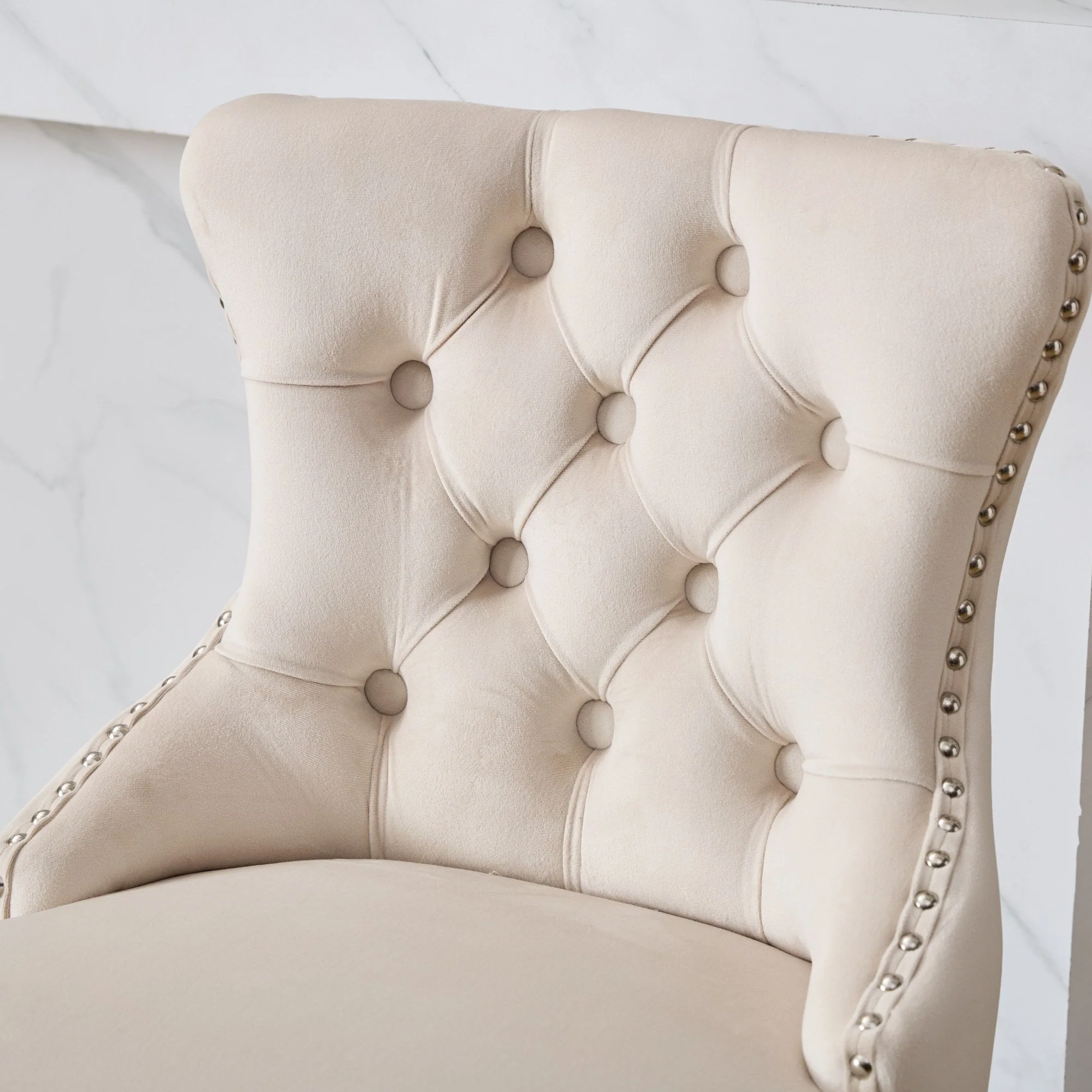 Swivel Barstools Set of 2 Button Tufted Wooden Legs - Beige Velvet - Image 10