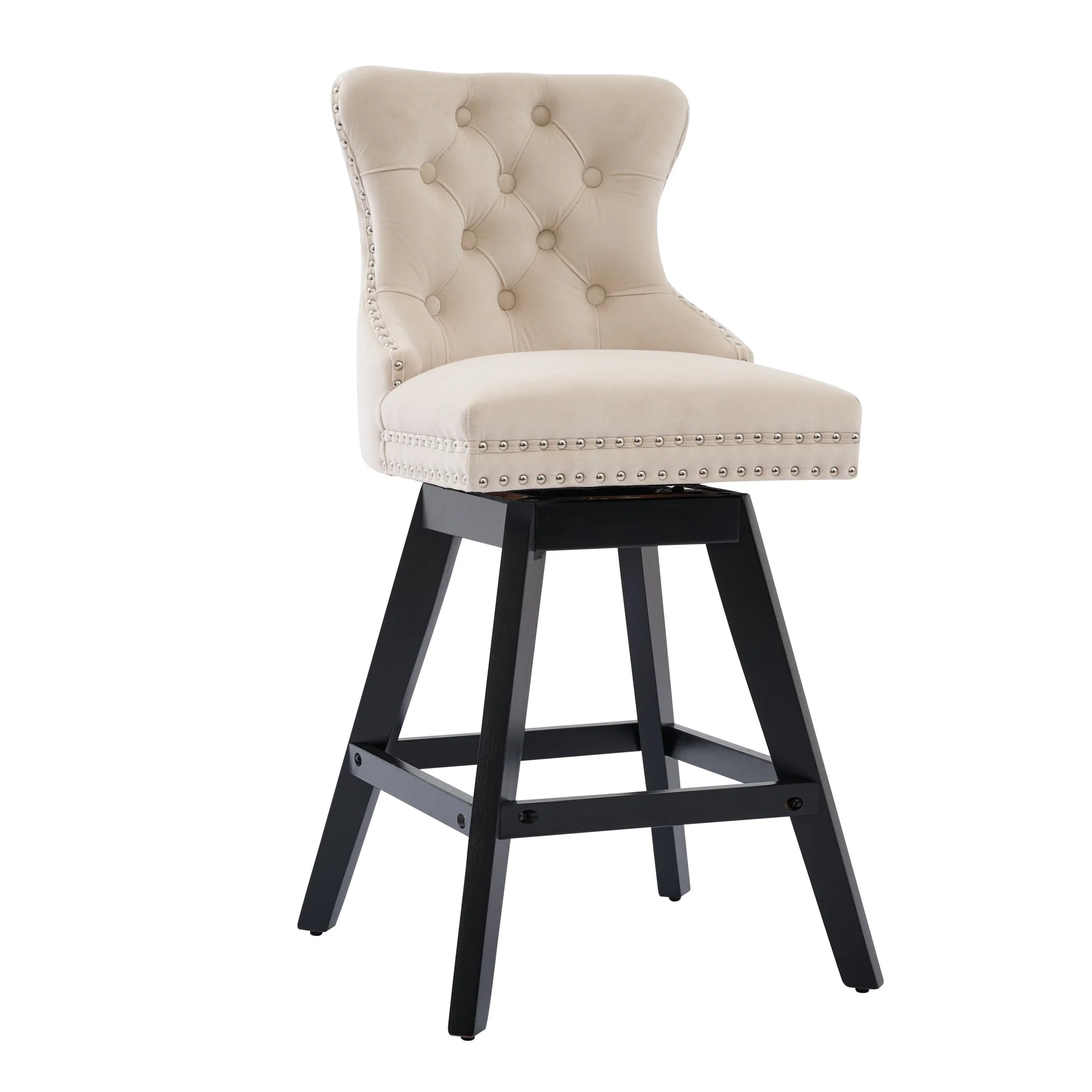 Swivel Barstools Set of 2 Button Tufted Wooden Legs - Beige Velvet - Image 3