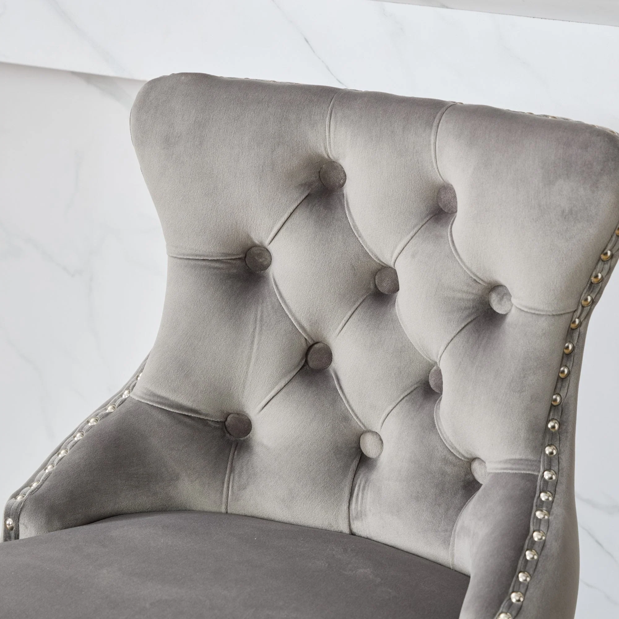 Swivel Barstools Velvet Button Tufted Wooden Legs Set of 2 - Gray - Image 10