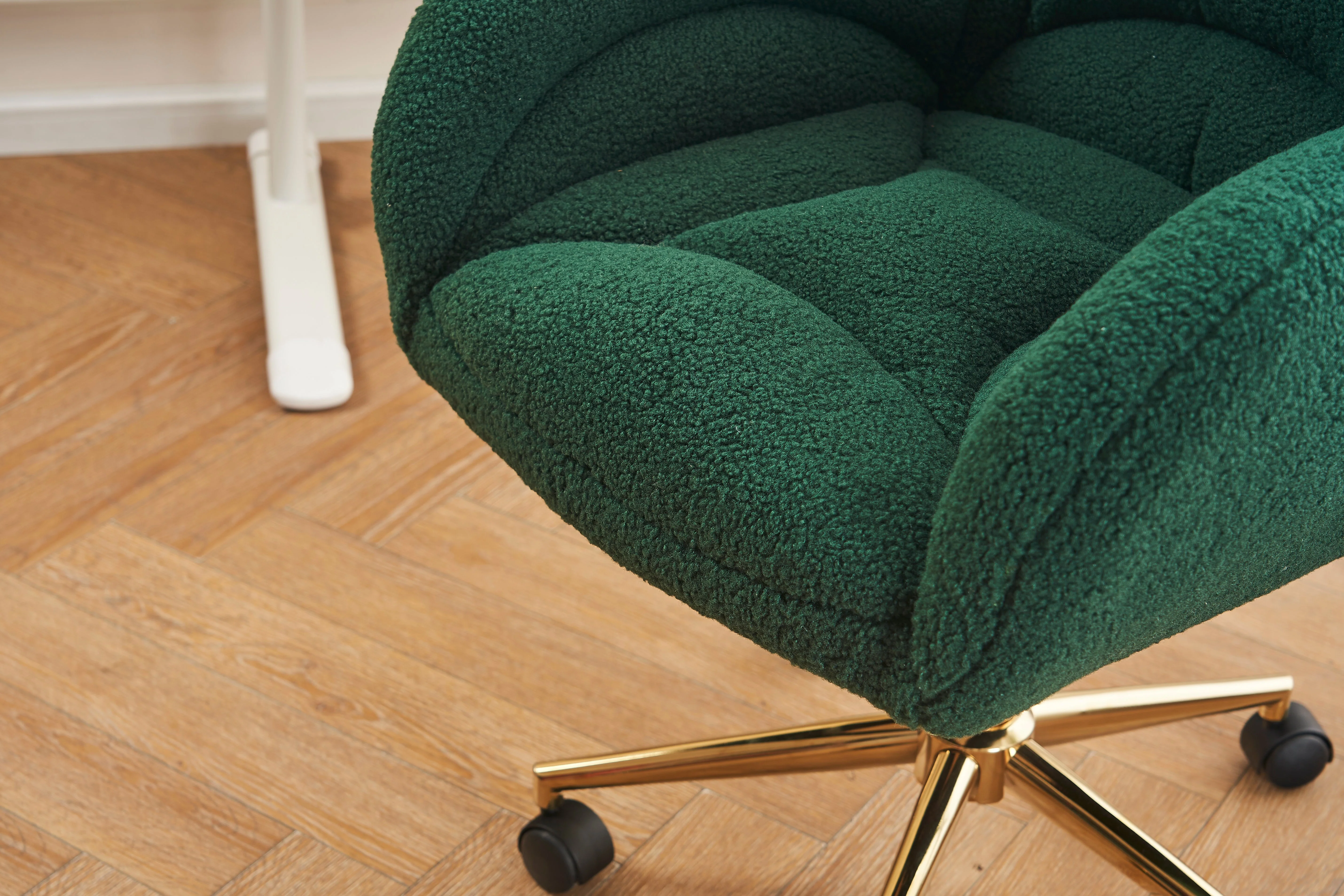 Swivel Chair Adjustable Height Gold Legs Teddy Fabric - Green - Image 10