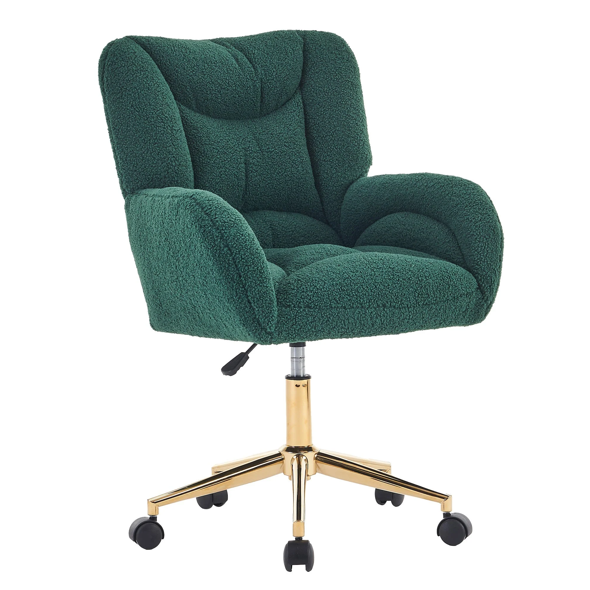 Swivel Chair Adjustable Height Gold Legs Teddy Fabric - Green - Image 2
