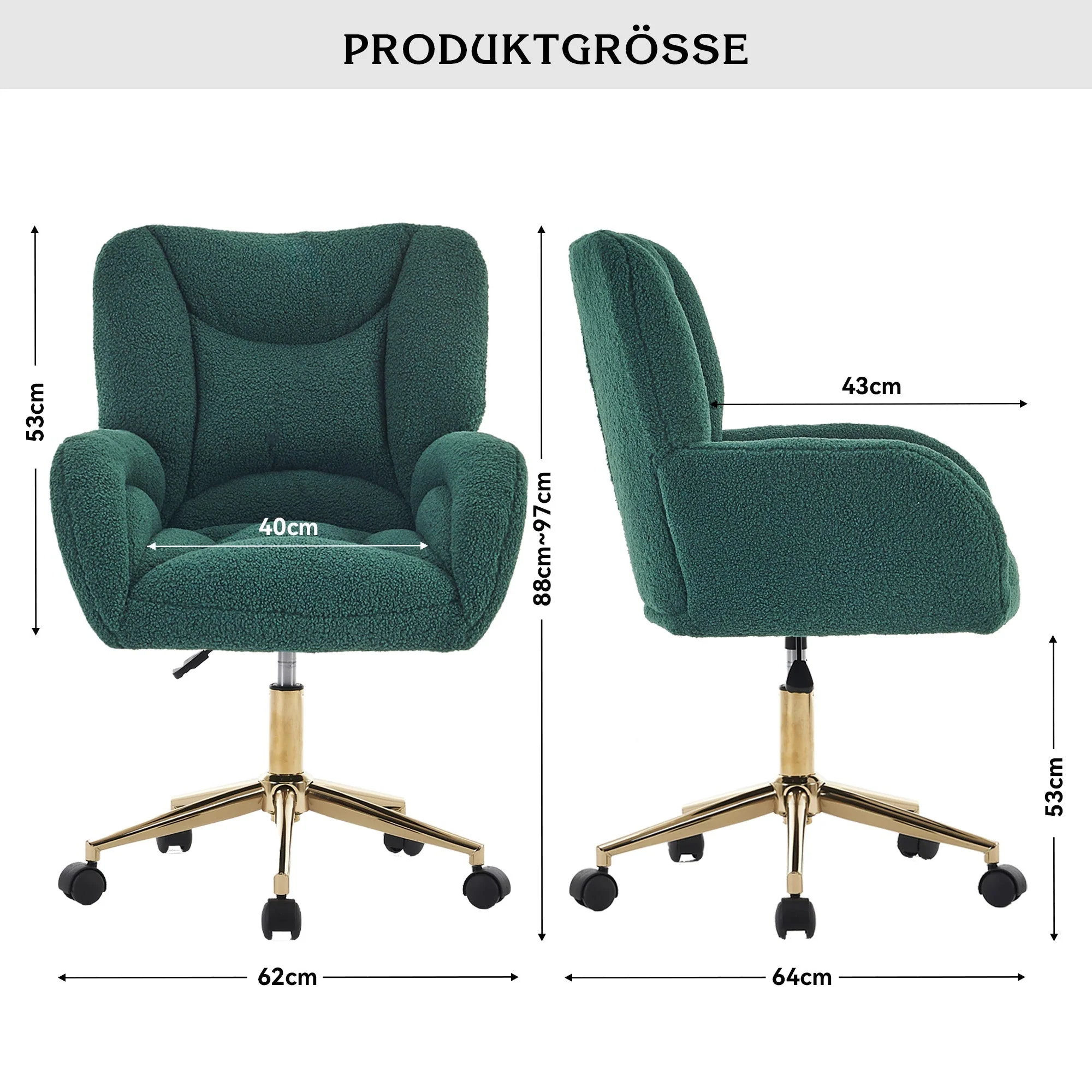 Swivel Chair Adjustable Height Gold Legs Teddy Fabric - Green - Image 3