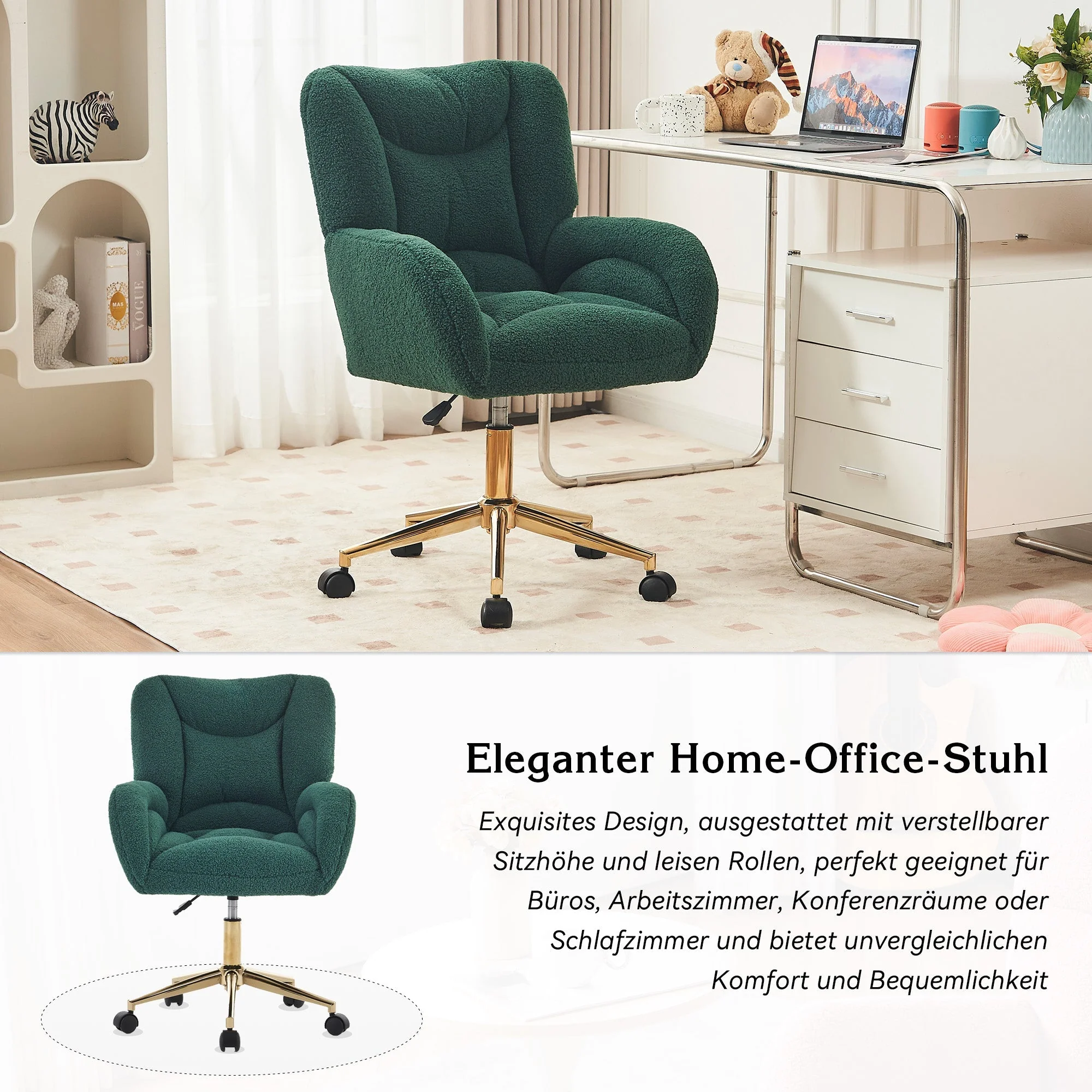 Swivel Chair Adjustable Height Gold Legs Teddy Fabric - Green - Image 5