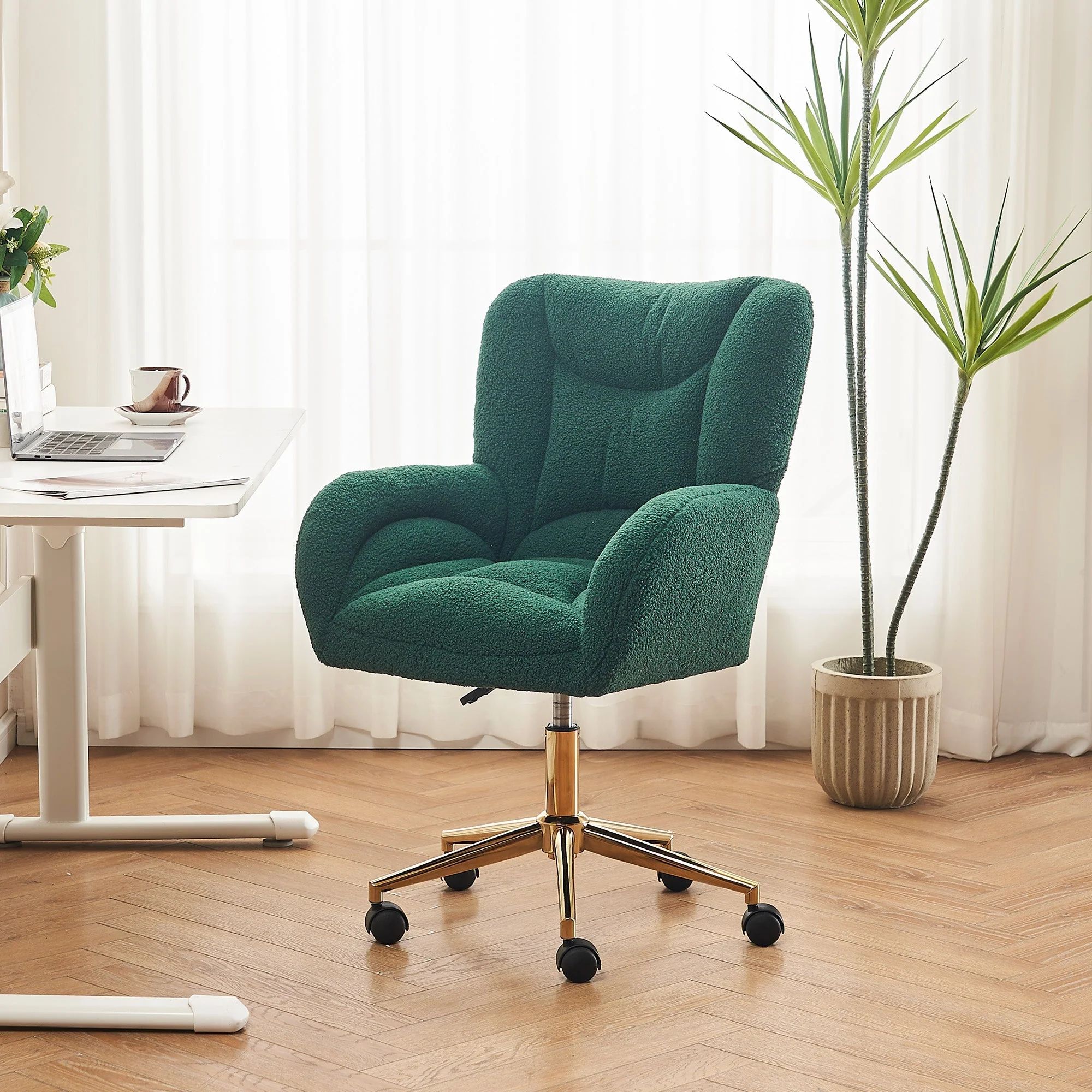 Swivel Chair Adjustable Height Gold Legs Teddy Fabric - Green - Image 6