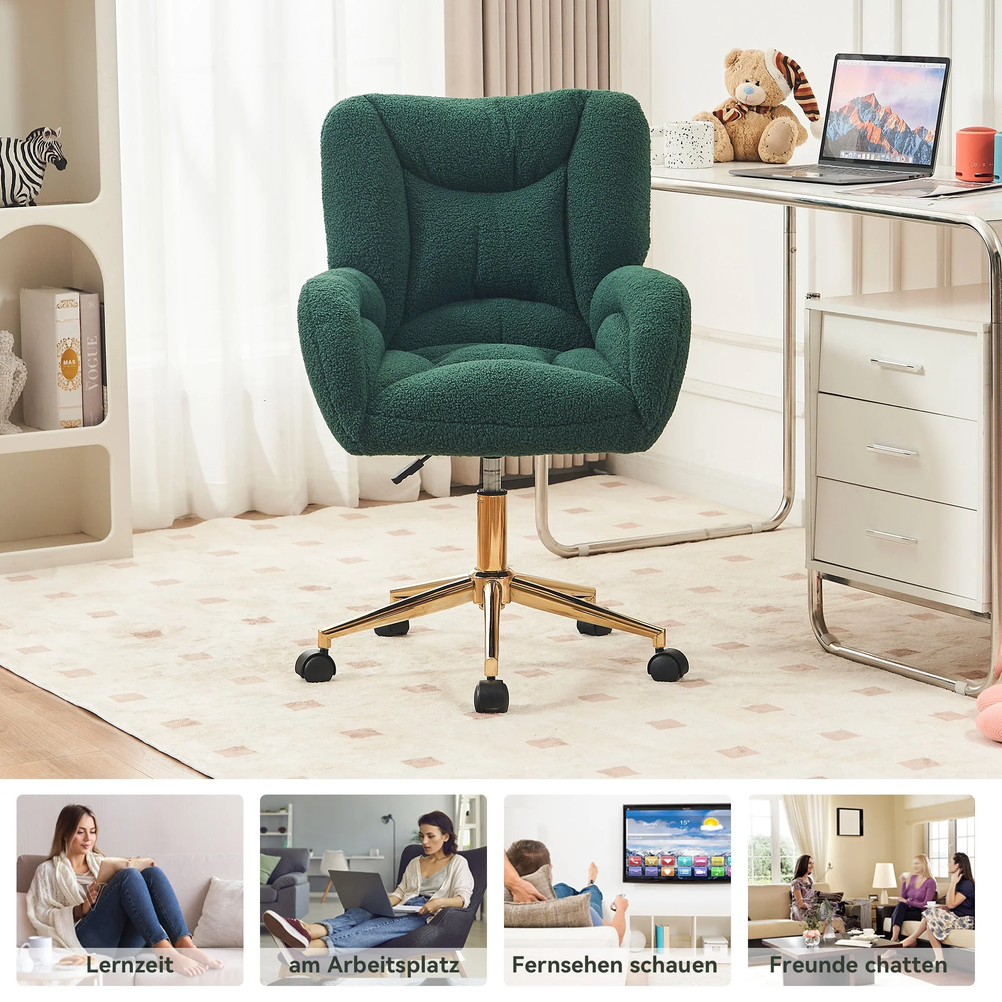 Swivel Chair Adjustable Height Gold Legs Teddy Fabric - Green - Image 7