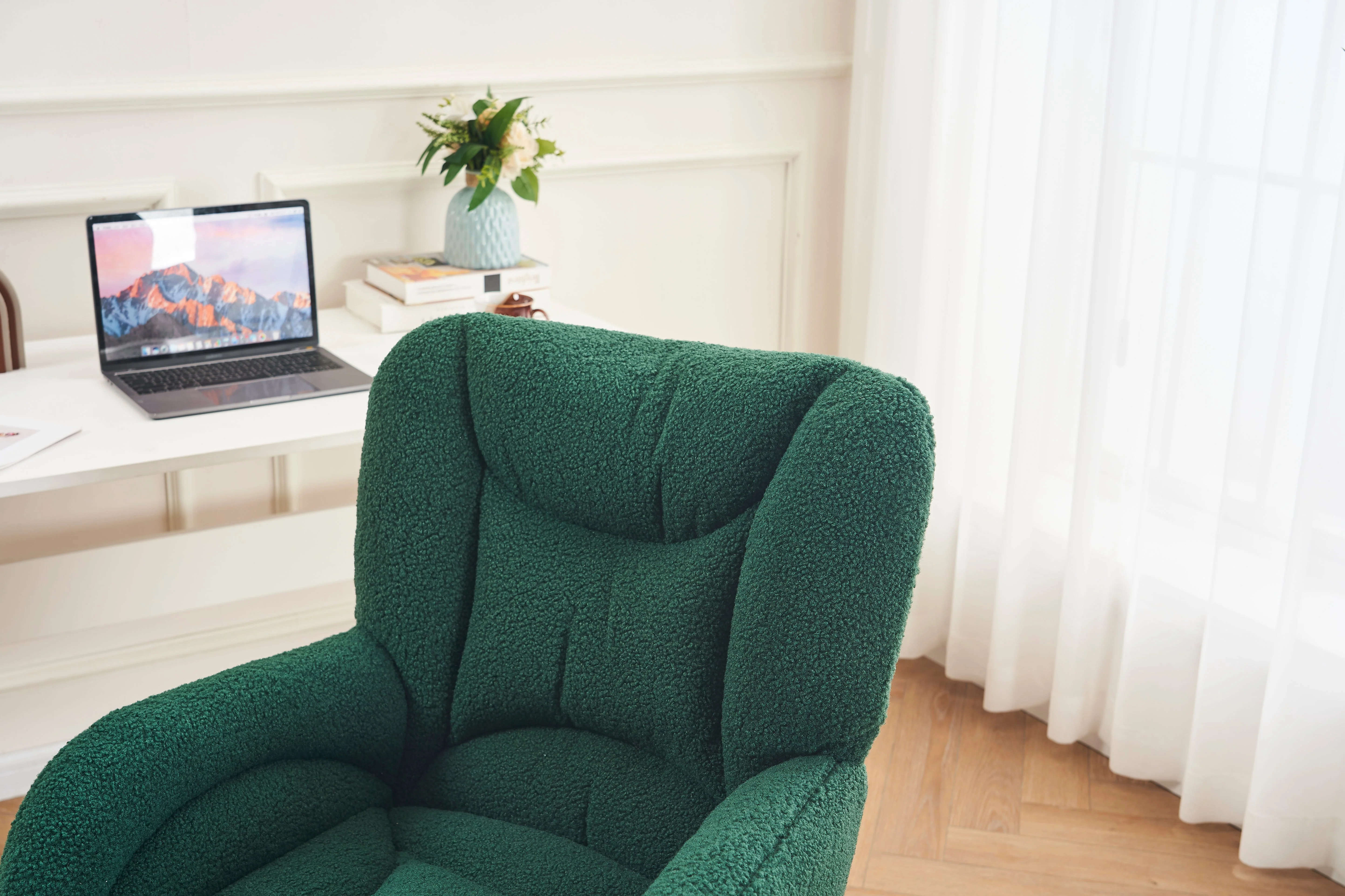 Swivel Chair Adjustable Height Gold Legs Teddy Fabric - Green - Image 8