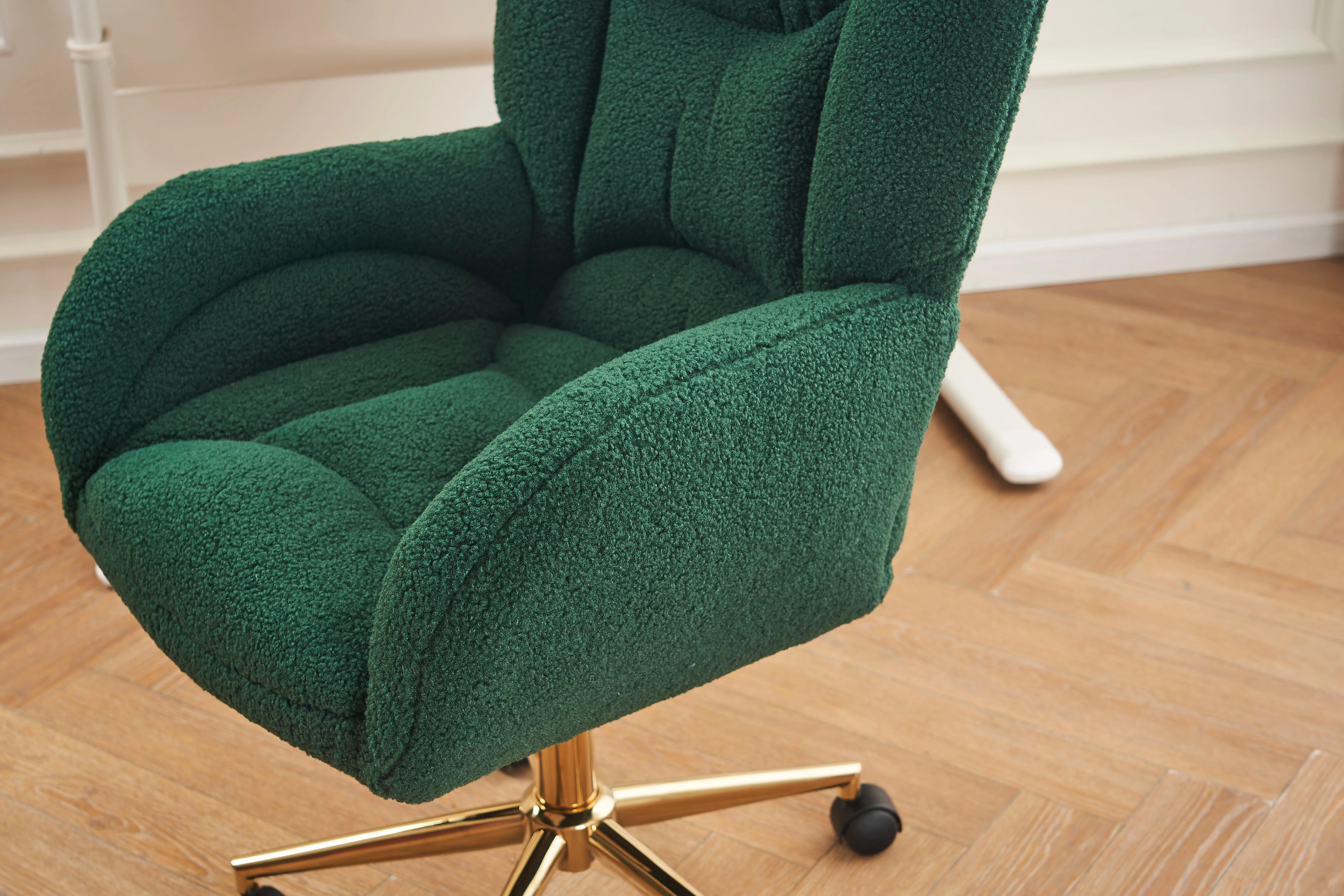 Swivel Chair Adjustable Height Gold Legs Teddy Fabric - Green - Image 9
