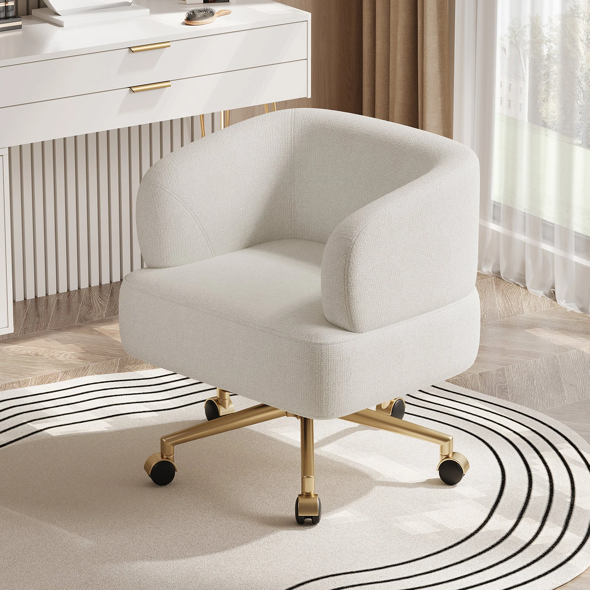 Swivel Chair Contemporary Design 5 Wheels 360° Rotation Chenille Beige