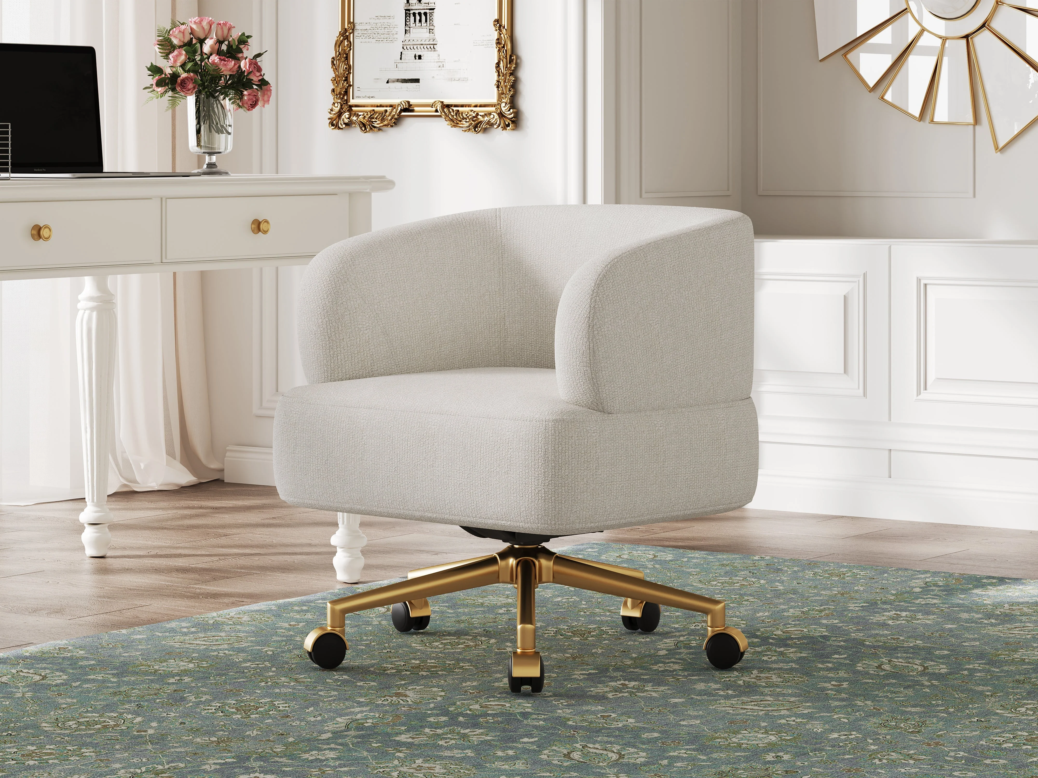 Swivel Chair Contemporary Design 5 Wheels 360° Rotation Chenille Beige - Image 10
