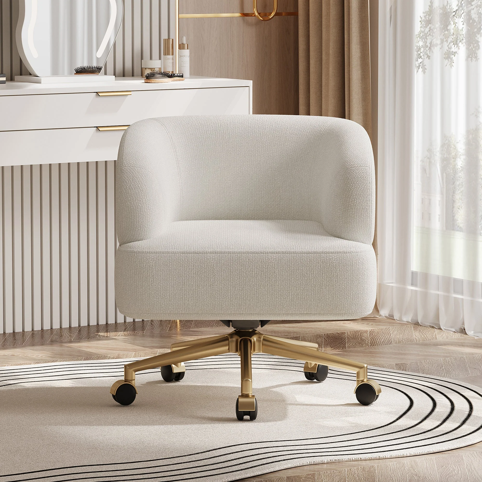 Swivel Chair Contemporary Design 5 Wheels 360° Rotation Chenille Beige - Image 2