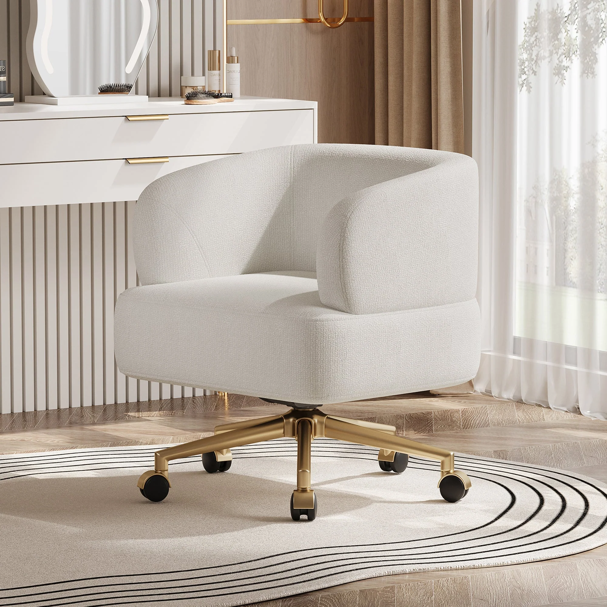 Swivel Chair Contemporary Design 5 Wheels 360° Rotation Chenille Beige - Image 3