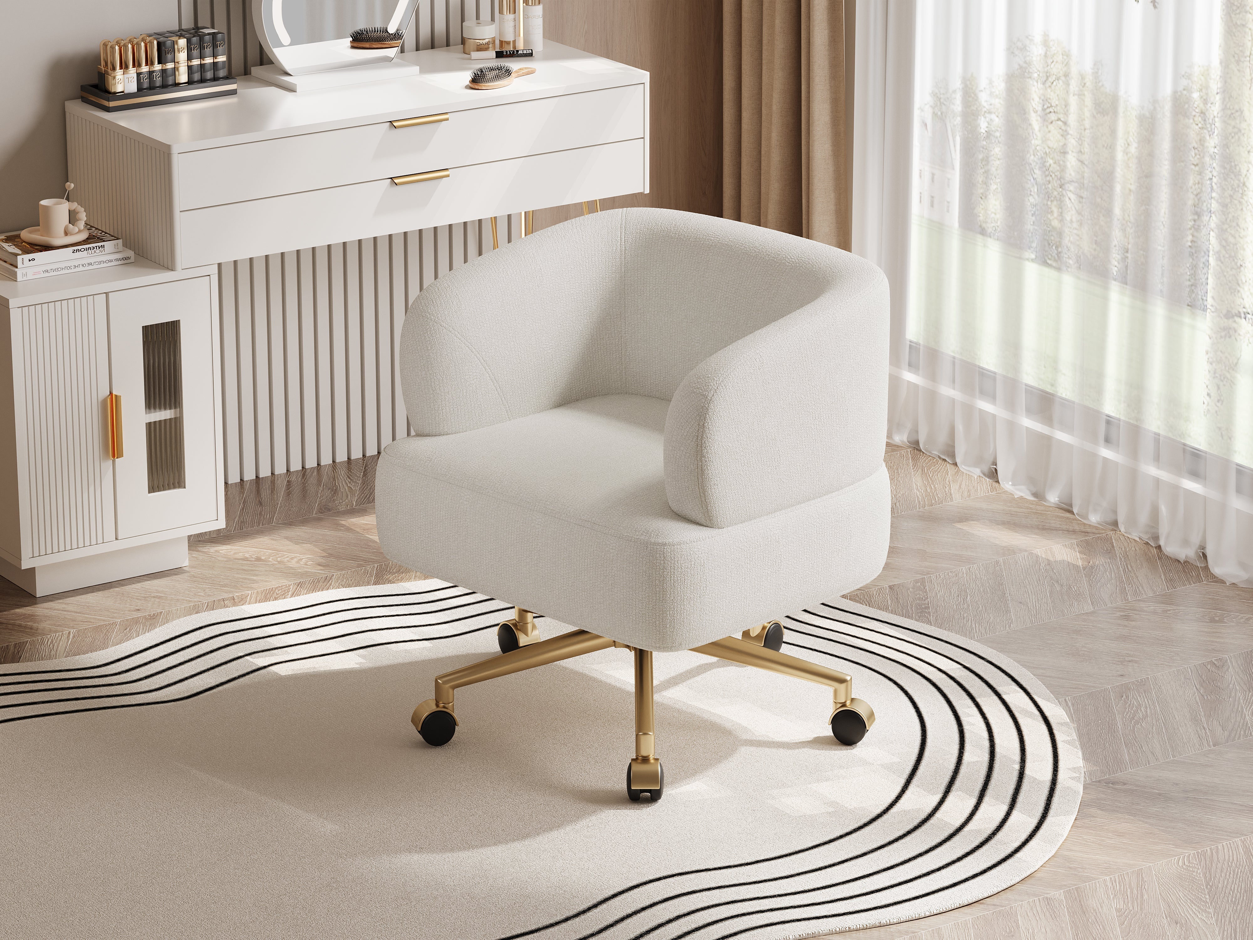 Swivel Chair Contemporary Design 5 Wheels 360° Rotation Chenille Beige - Image 4
