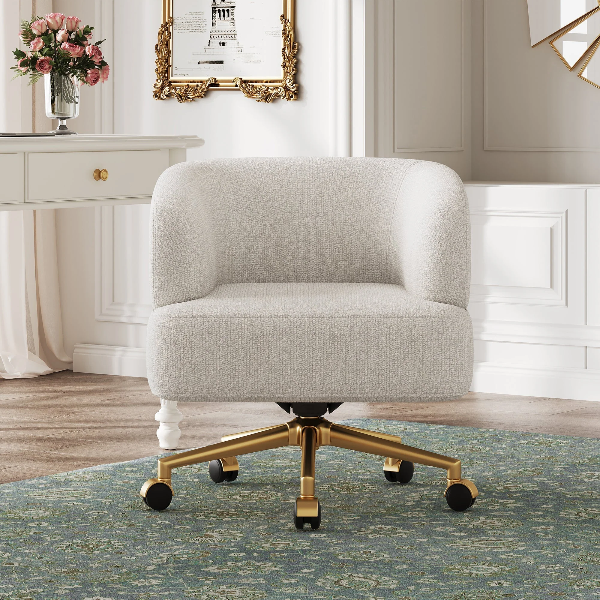 Swivel Chair Contemporary Design 5 Wheels 360° Rotation Chenille Beige - Image 6