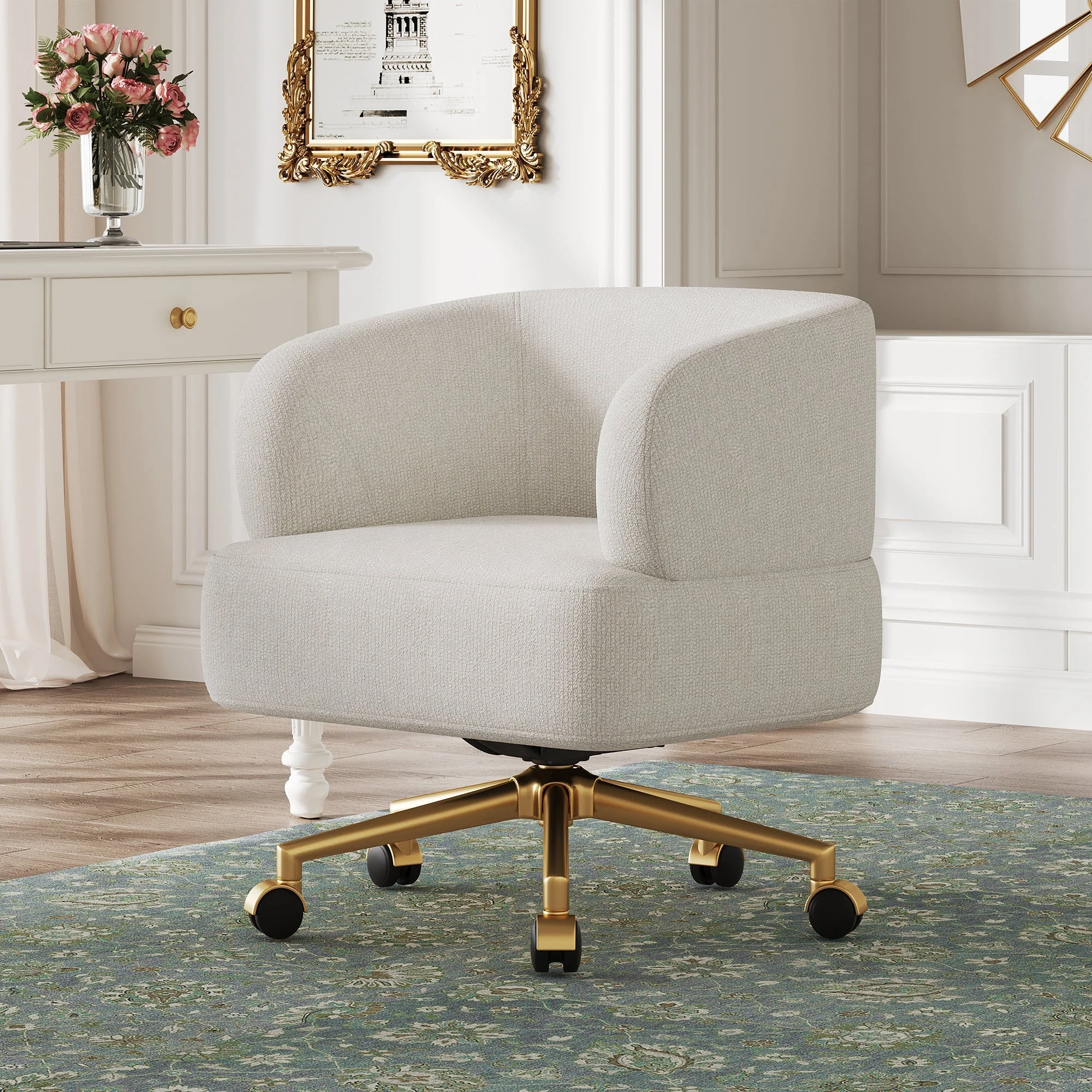 Swivel Chair Contemporary Design 5 Wheels 360° Rotation Chenille Beige - Image 7