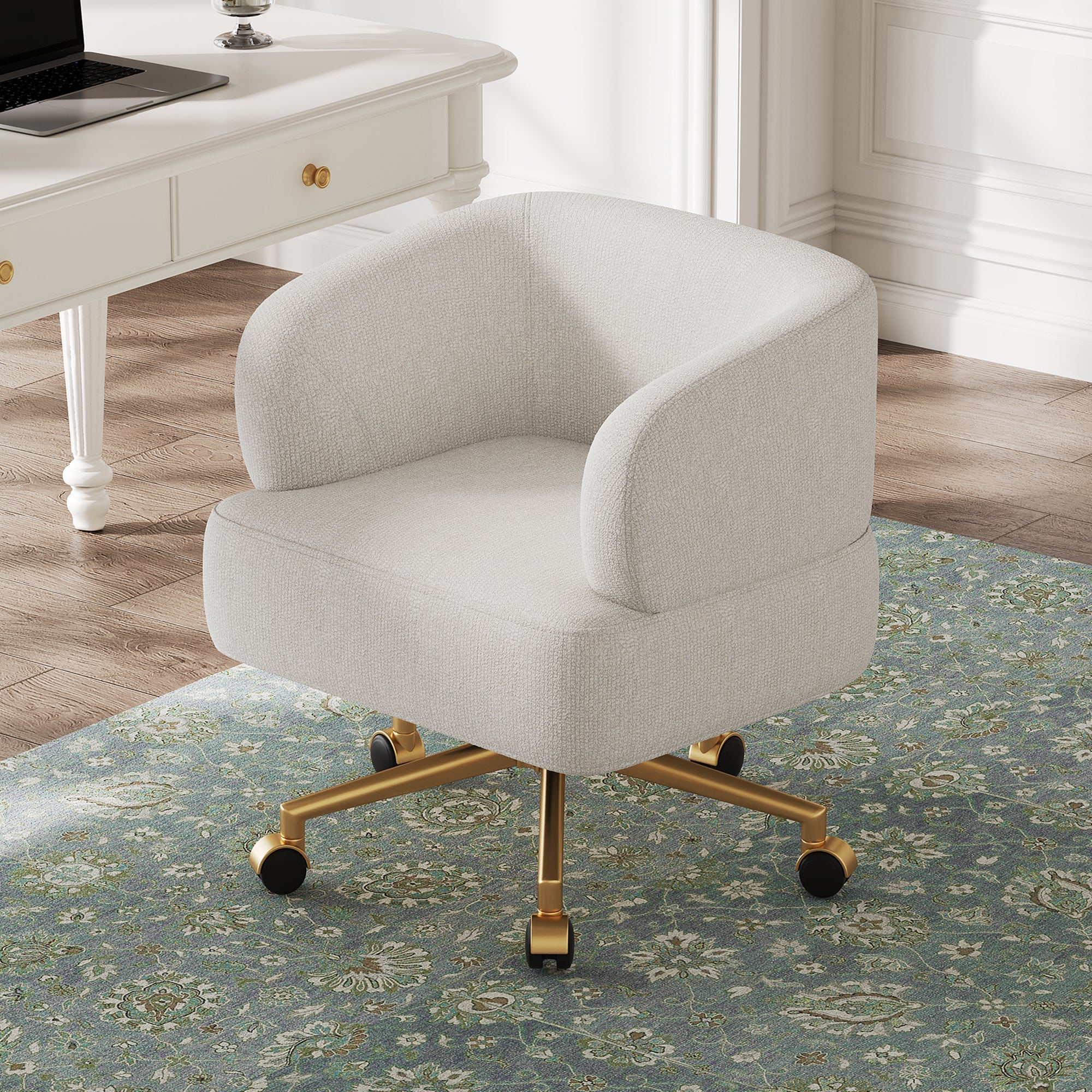 Swivel Chair Contemporary Design 5 Wheels 360° Rotation Chenille Beige - Image 8