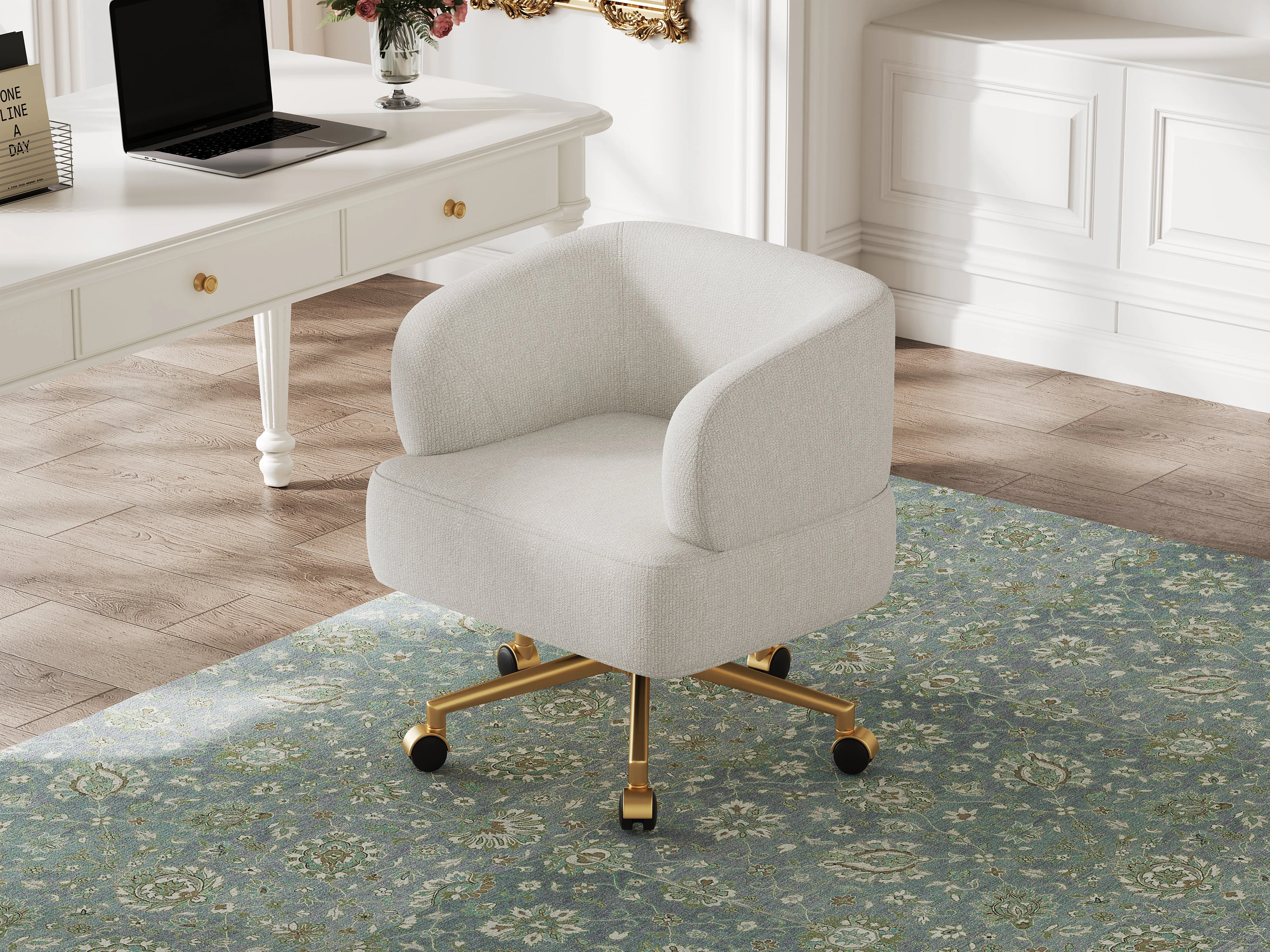 Swivel Chair Contemporary Design 5 Wheels 360° Rotation Chenille Beige - Image 9