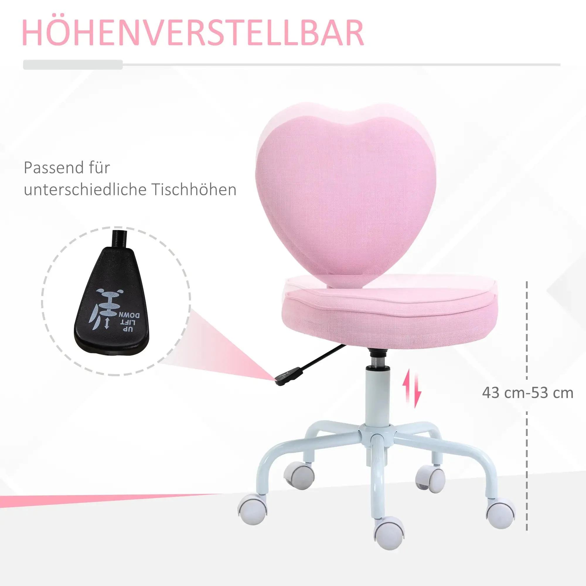 Swivel Chair Executive Computer Chair, Height Adjustable Heart-Shaped Upholstery, Pink Linen Fabric - Image 4