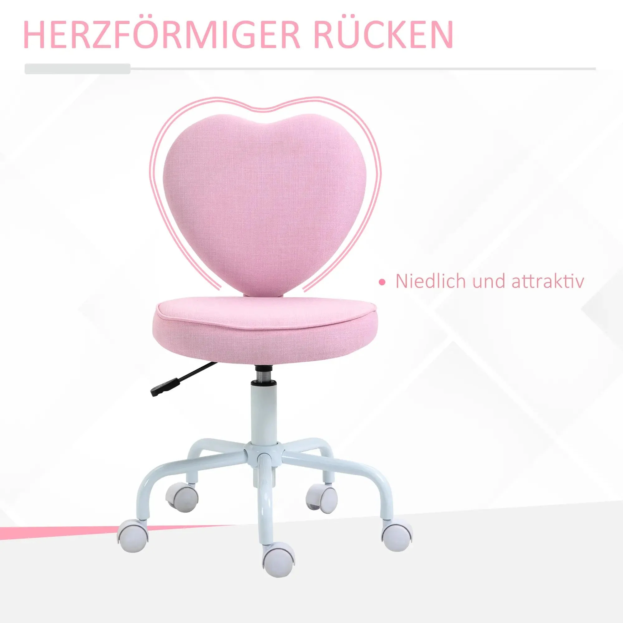 Swivel Chair Executive Computer Chair, Height Adjustable Heart-Shaped Upholstery, Pink Linen Fabric - Image 5