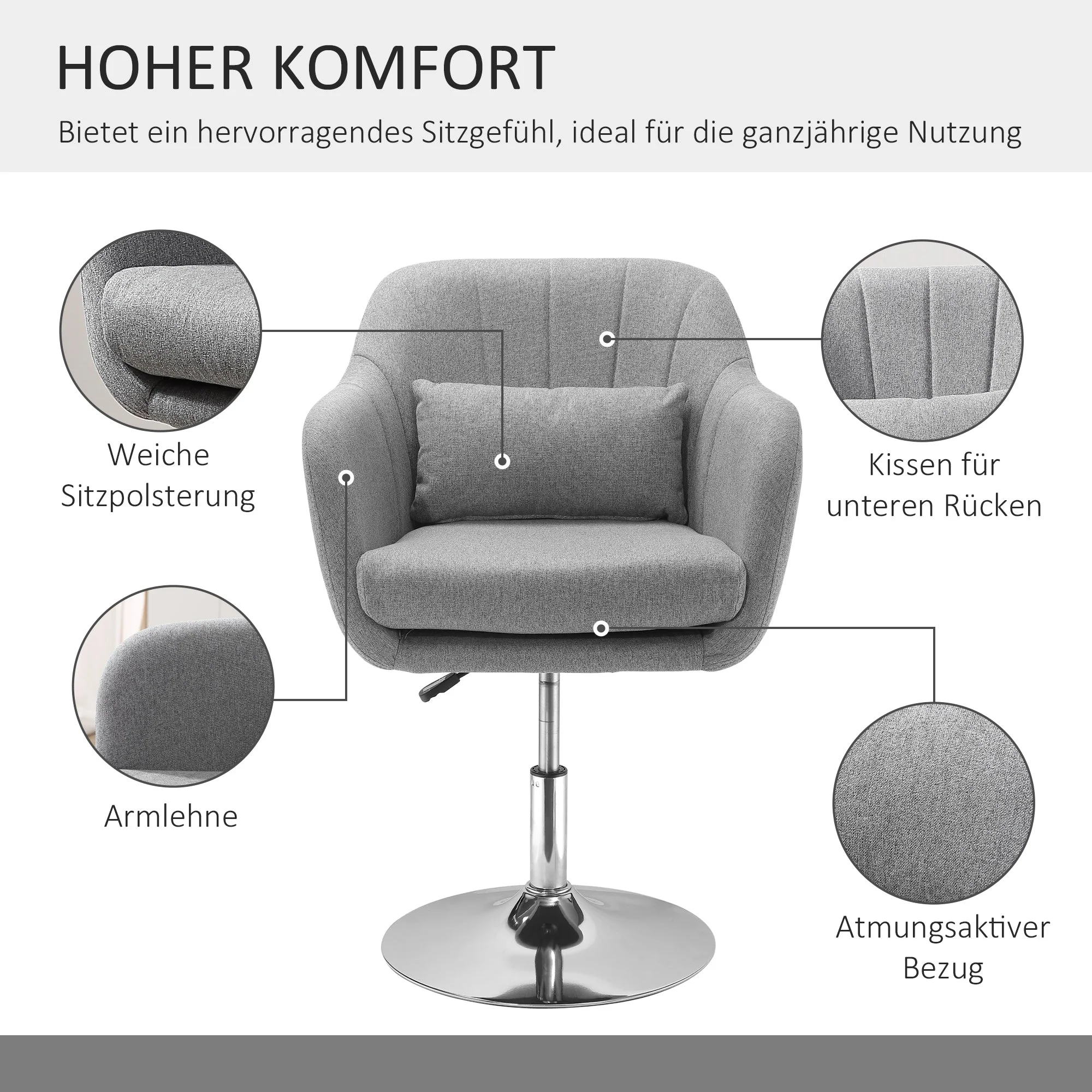 Swivel chair height adjustable accent recliner with back cushion linen grey - Image 6