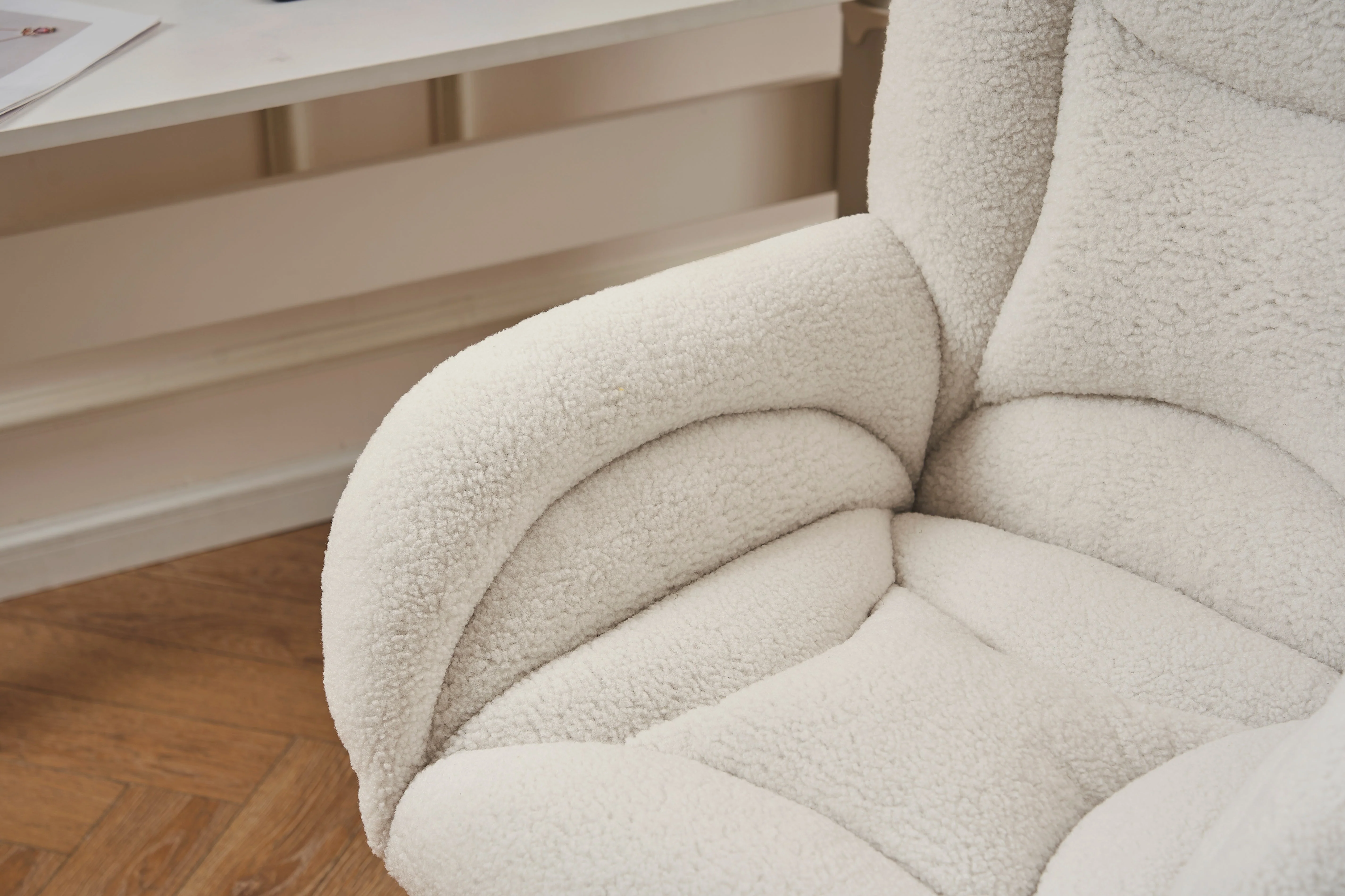 Swivel Chair Height-Adjustable Gold Legs - White Teddy Fabric - Image 8