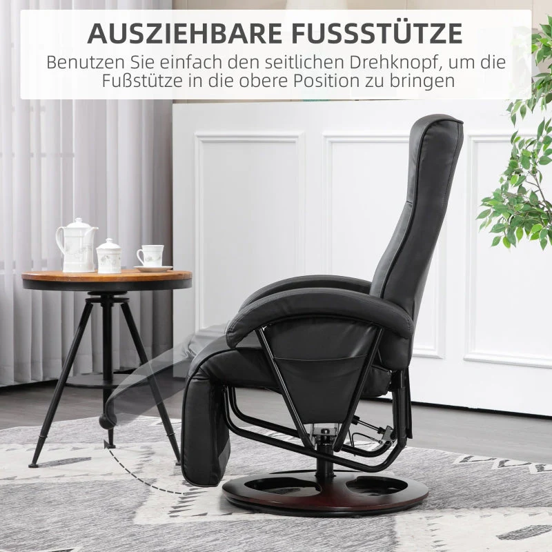 Swivel Chair, Upholstered Tilting Footrest Wooden Base, Faux Leather Black - Image 5