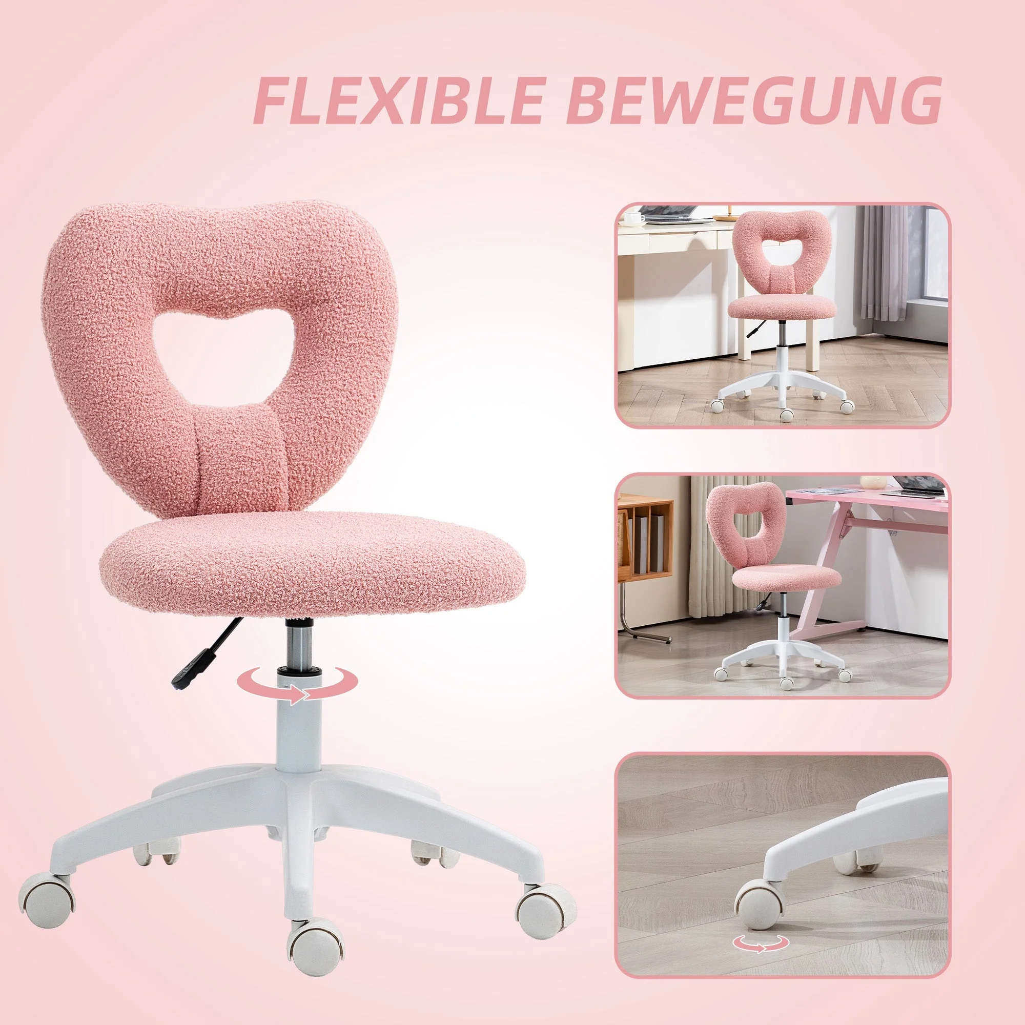 Swivel Desk Chair Height-Adjustable Heart Back, Teddy Fleece Pink - Image 6