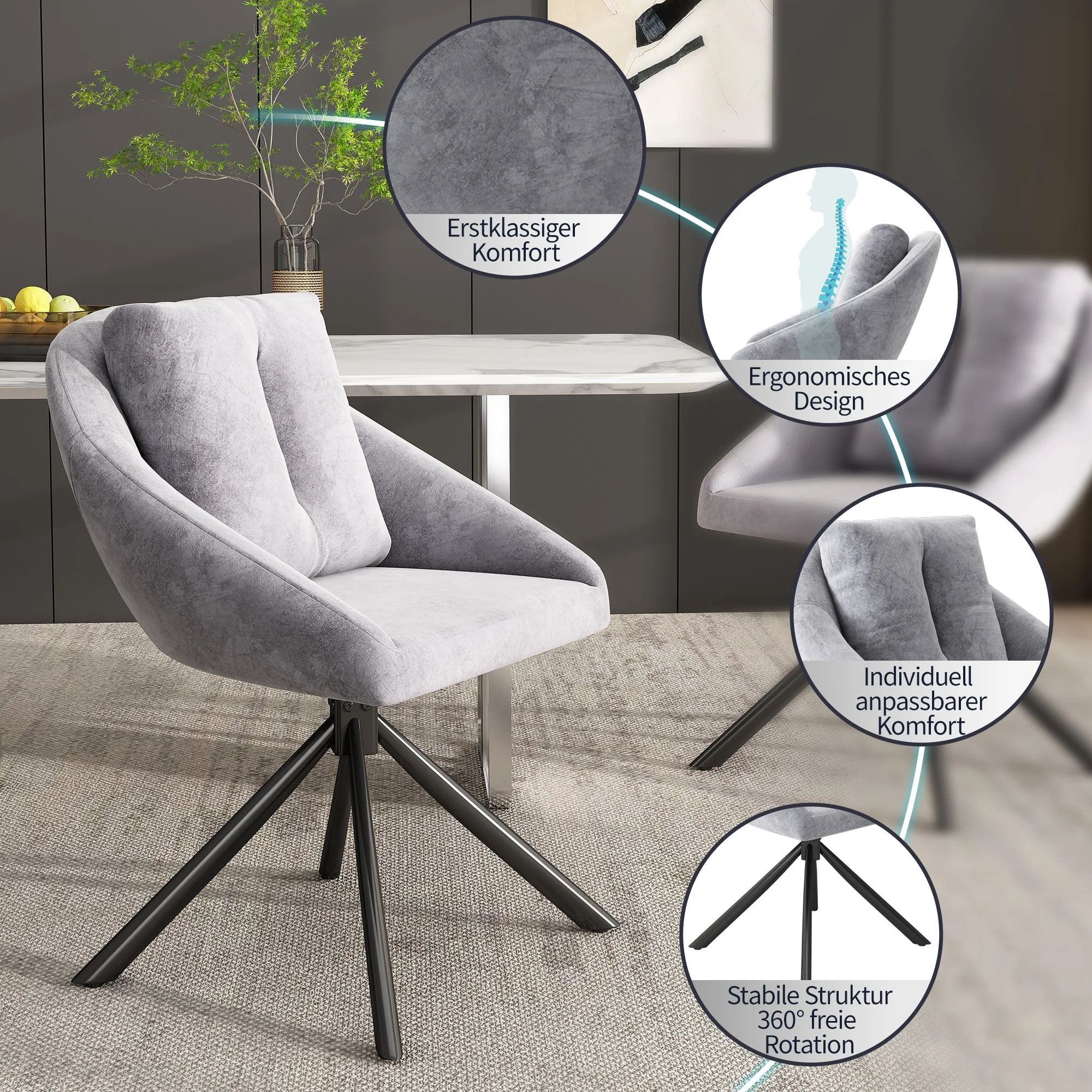 Swivel Dining Chair Set of 6 with Ergonomic Design, Grey Velvet - Image 4